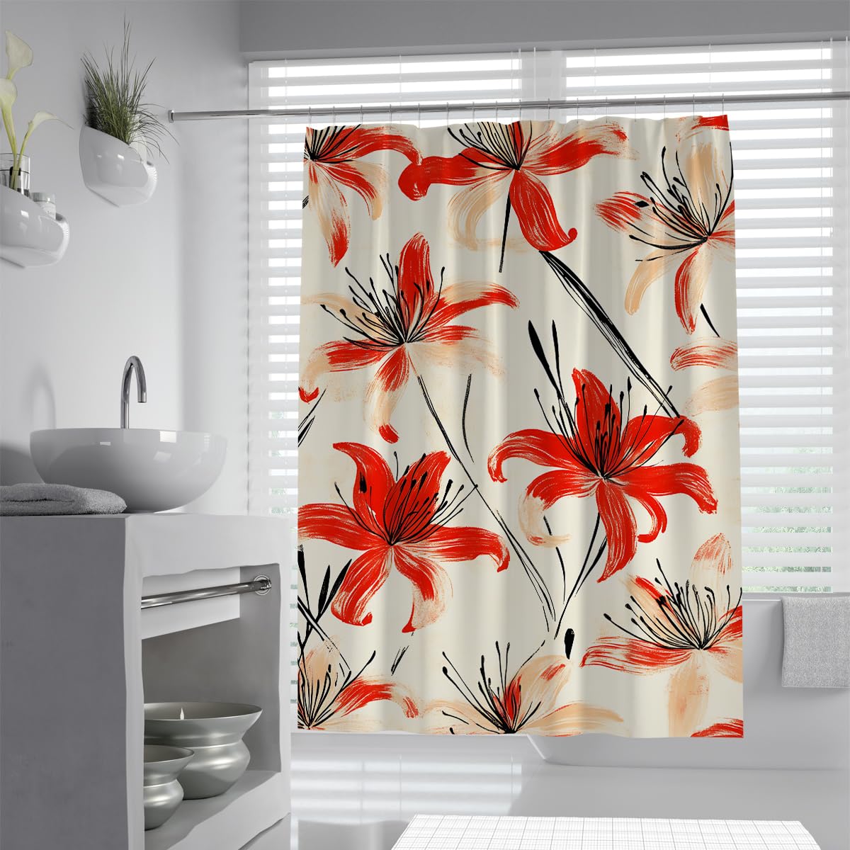 UIRINGART Elegant Red Lily Shower Curtain W120xL180cm Orange Beige Floral Art Pattern Mildew Resistant Waterproof Bath Curtains For Bath Tub With Hooks