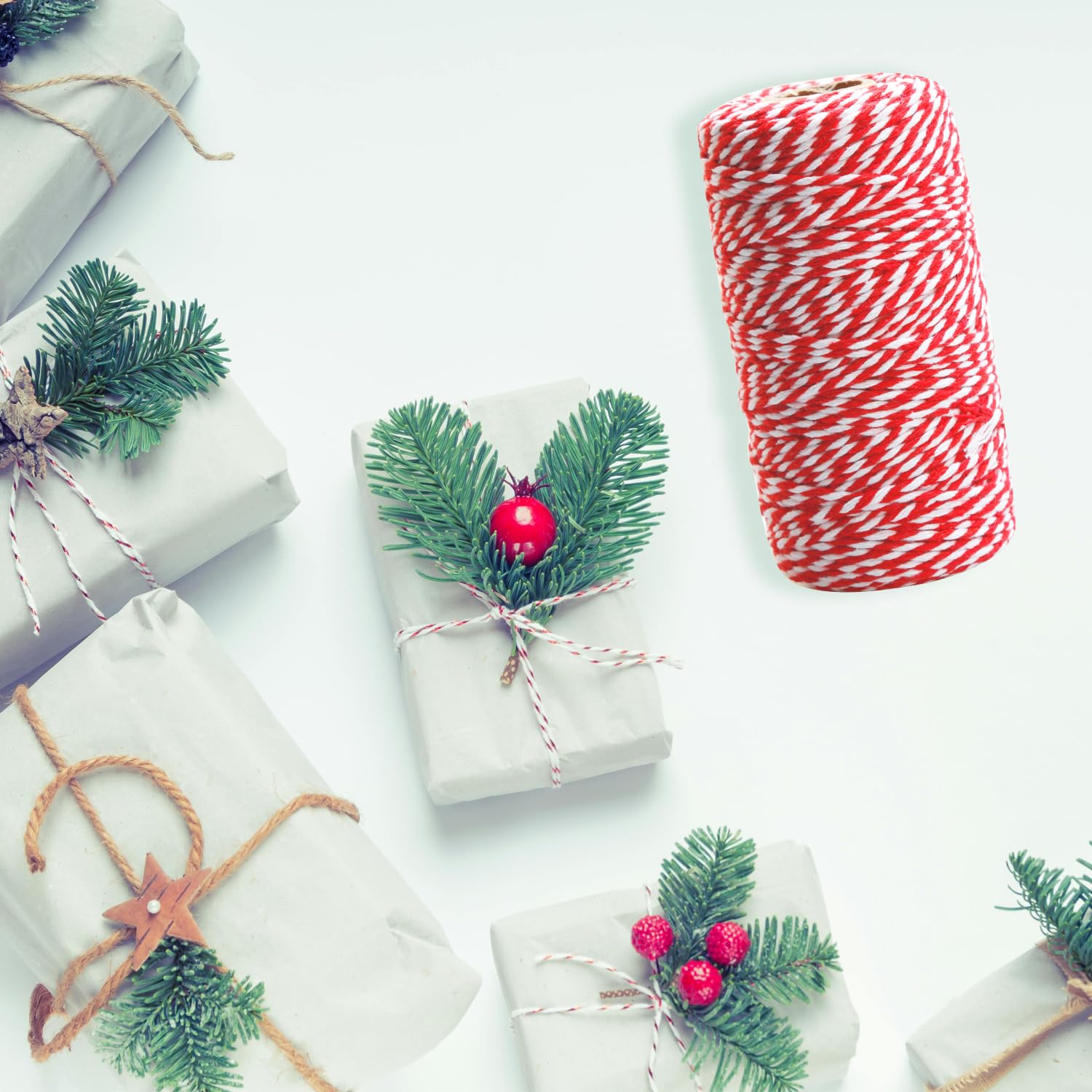 Rumyve 100m Cotton String,Red and White Bakers Twine Butcher Thread,Durable Decorative Twine Rope for Gift Wrapping Ornament DIY Crafts Handmade Arts Gardening Baking Decor - Image 3