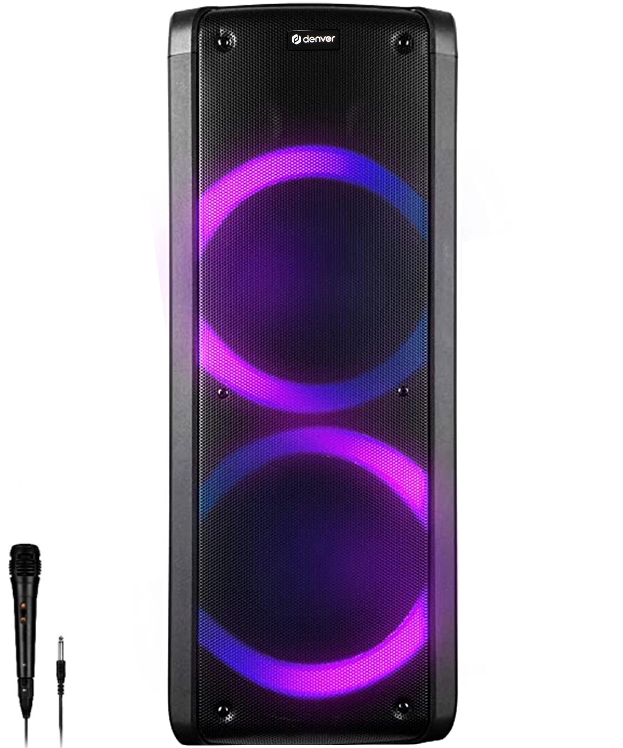 Denver Enceinte Bluetooth Puissante - Lumières Disco - Enceinte Karaoké avec Micro - Double woofer de 6,5 Pouces - Haut-Parleur Portable - TWS/AUX/USB/SD - BPS-352 - Noir