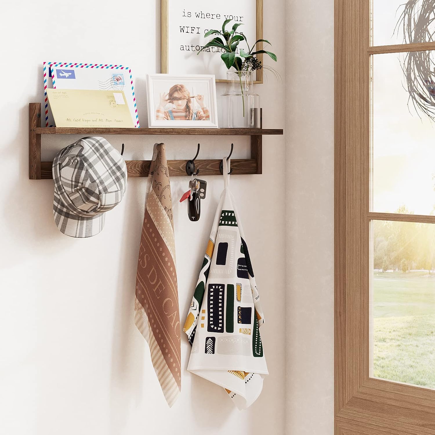 BAMEOS Gancio appendiabiti in legno a parete - Mensola lunga 73,5 cm con 5 doppi ganci in metallo, gancio per indumenti per ingresso, bagno, soggiorno, camera da letto, cucina, decorazione e