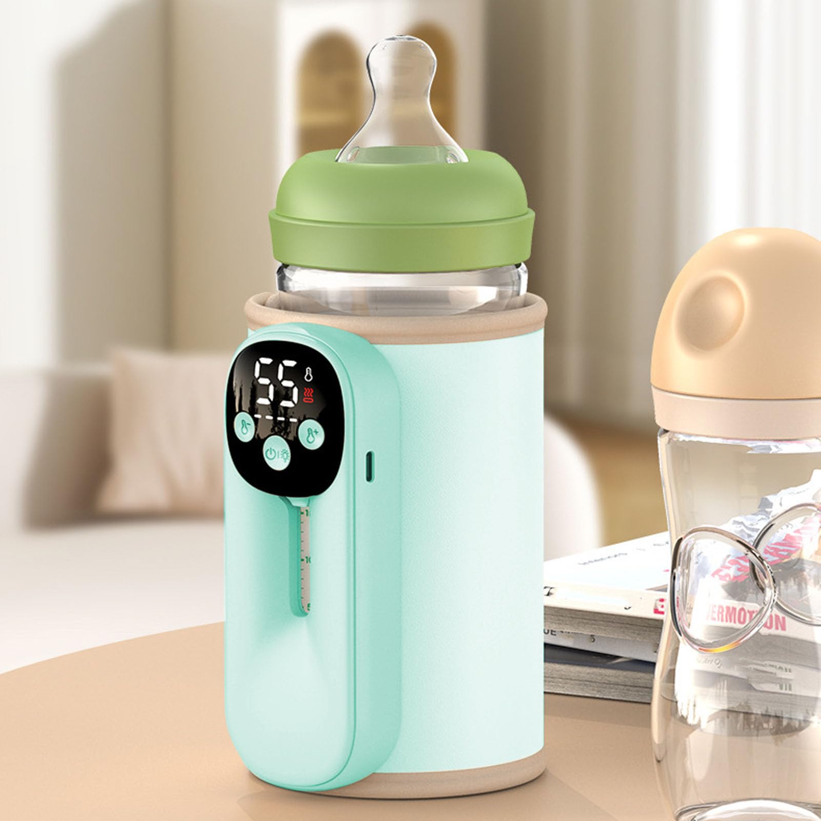 Tangxi Scaldabiberon Portatile, 11 Impostazioni di Temperatura Scaldalatte Rapido Ricaricabile con Display a LED con Luce Notturna, per L'alimentazione 'auto da Viaggio (GREEN)