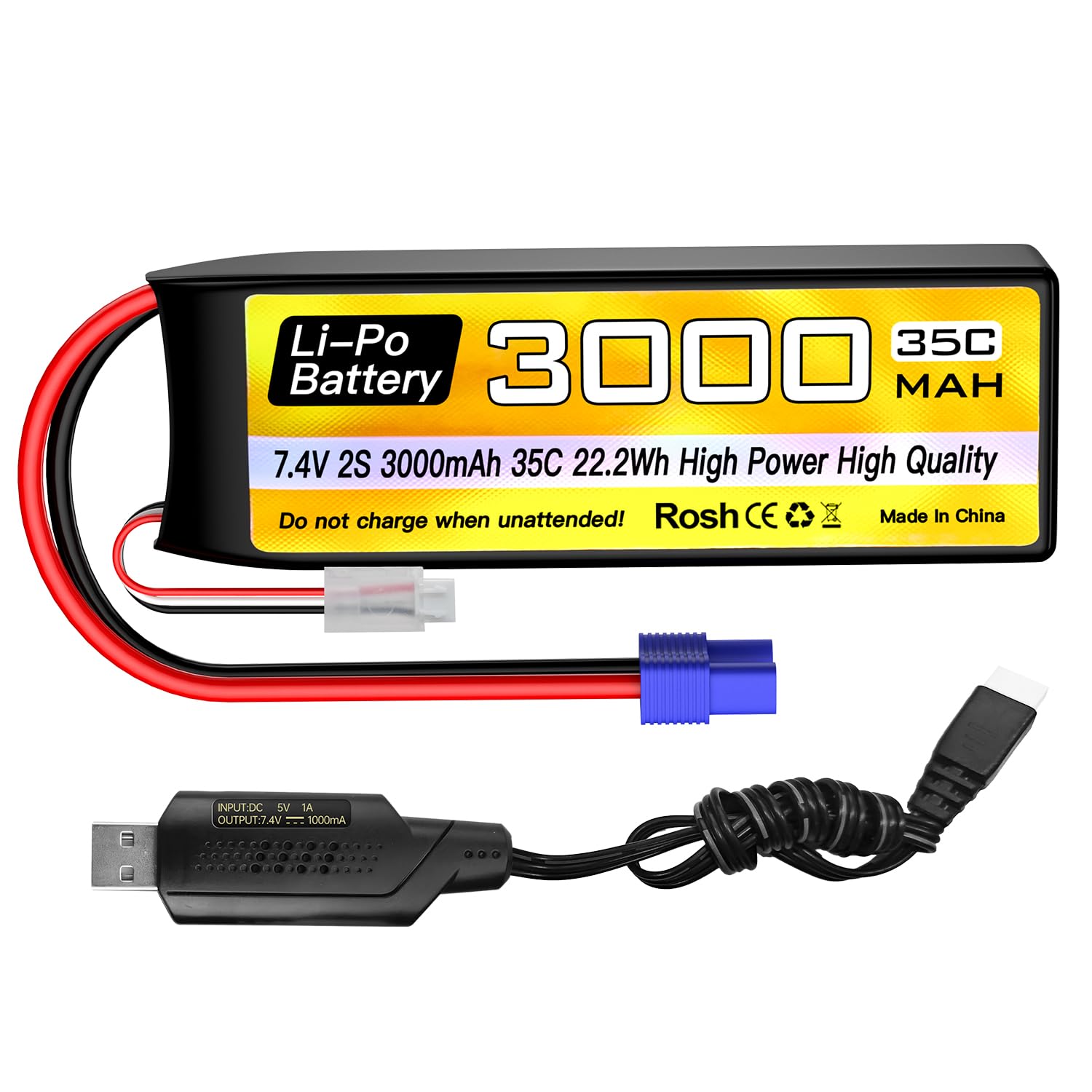 ZYGY 2S Lipo Battery 7.4V 3000mAh 35C EC3 Plug with USB Charging Cable for RC Car Truck RC Boat RC Quadcopter FPV Drone Battery
