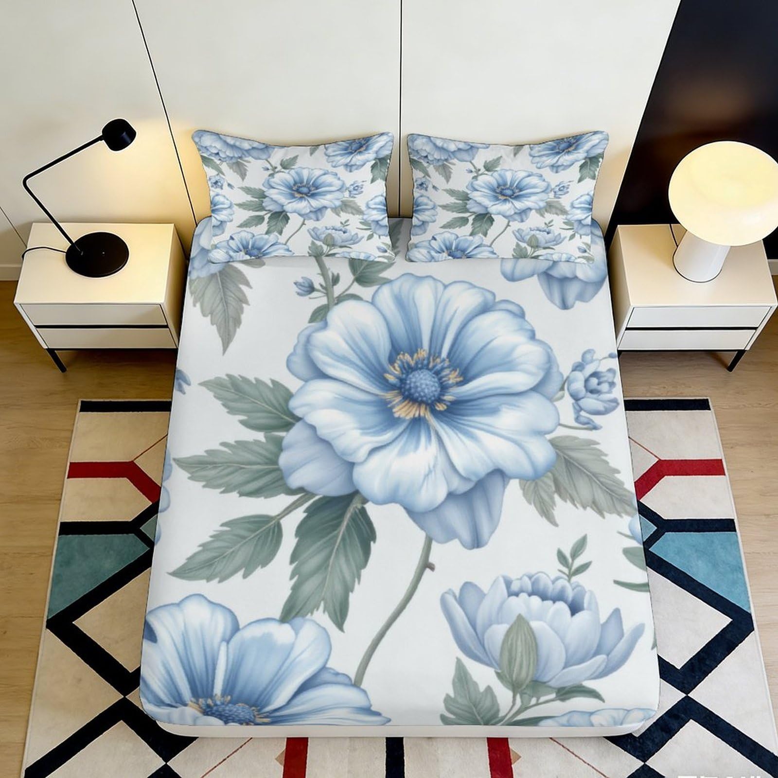 Kzqnxhjprl Style-9 3D Printed Blue Peony Fitted Sheet Microfiber Soft Breathable Large Floral Mattress Cover Bedroom Decor 90X200x25cm