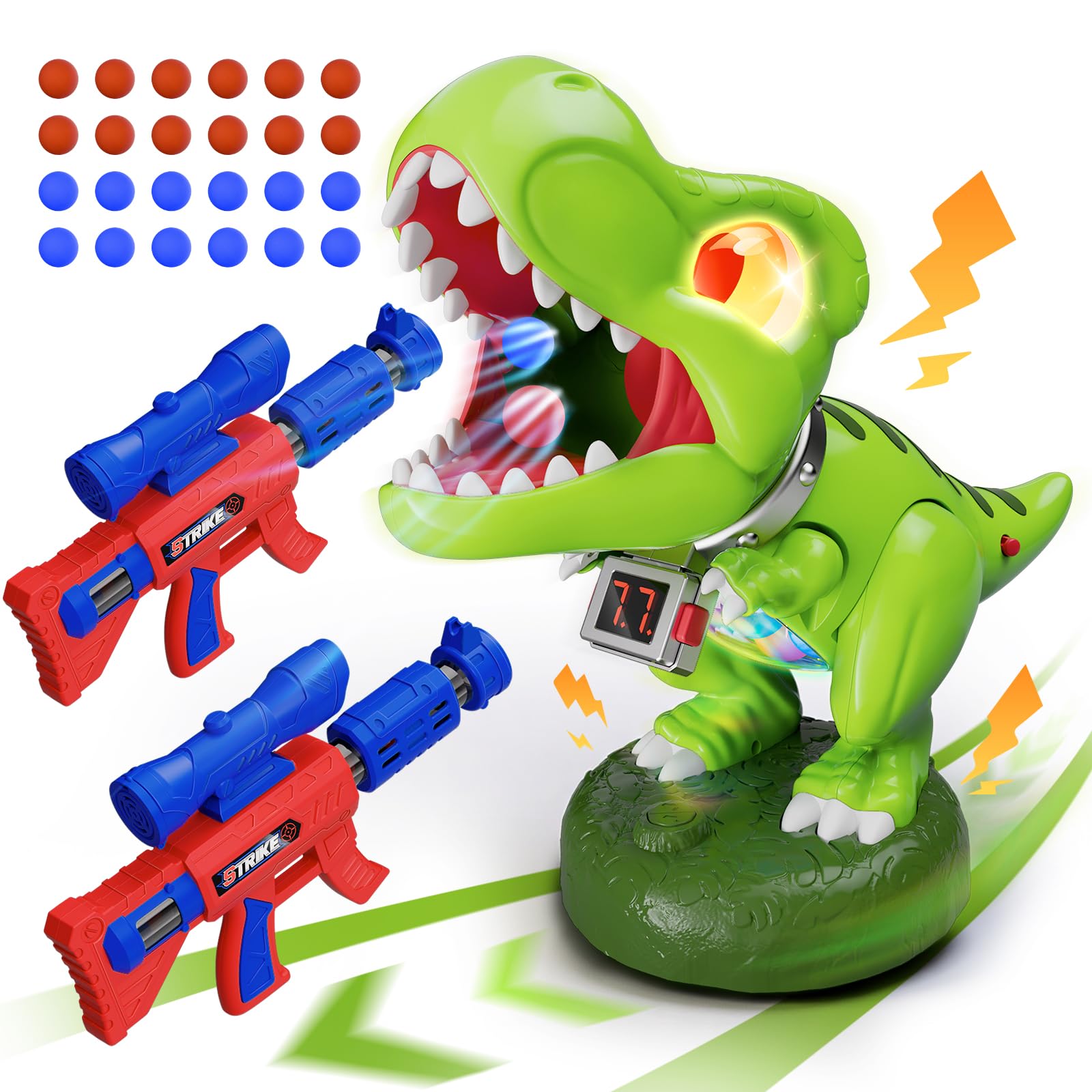 Dinosaur toys for 3-12 boys, Dinosaur Moveable Shooting Toys Games, 2 Pack Air Pump Guns with Scope, Balls, Roaring
