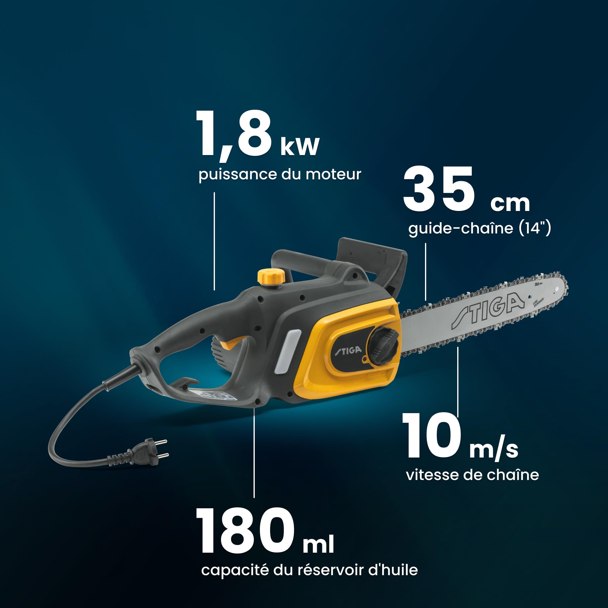 STIGA CS 118c Tronçonneuse Électrique, 1,8 kW, 35 cm – Frein de Chaîne Manuel, Pompe à Huile Automatique – Pour Jardin et Bûches Robustes