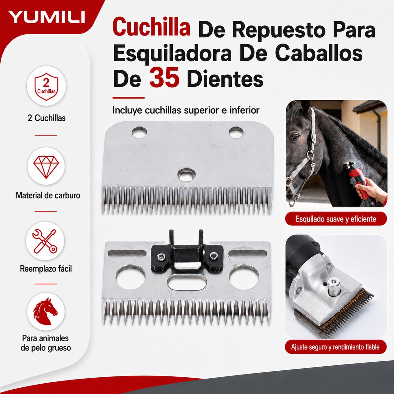 Cuchillas de Esquiladora Caballos, 35 Dientes Horse Clipper Blade, Juego de Repuesto para Esquiladoras de Caballos de Carburo, para Caballos, Vacas, Cabras, Otros Animales con Pelaje Grueso, Diseñadas