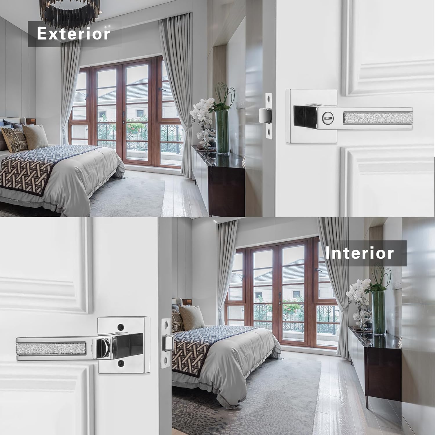 Bright Chrome Door Handles, Privacy Door Knobs Interior, Heavy Duty Door Levers Rectangle Slot for Bath & Bed