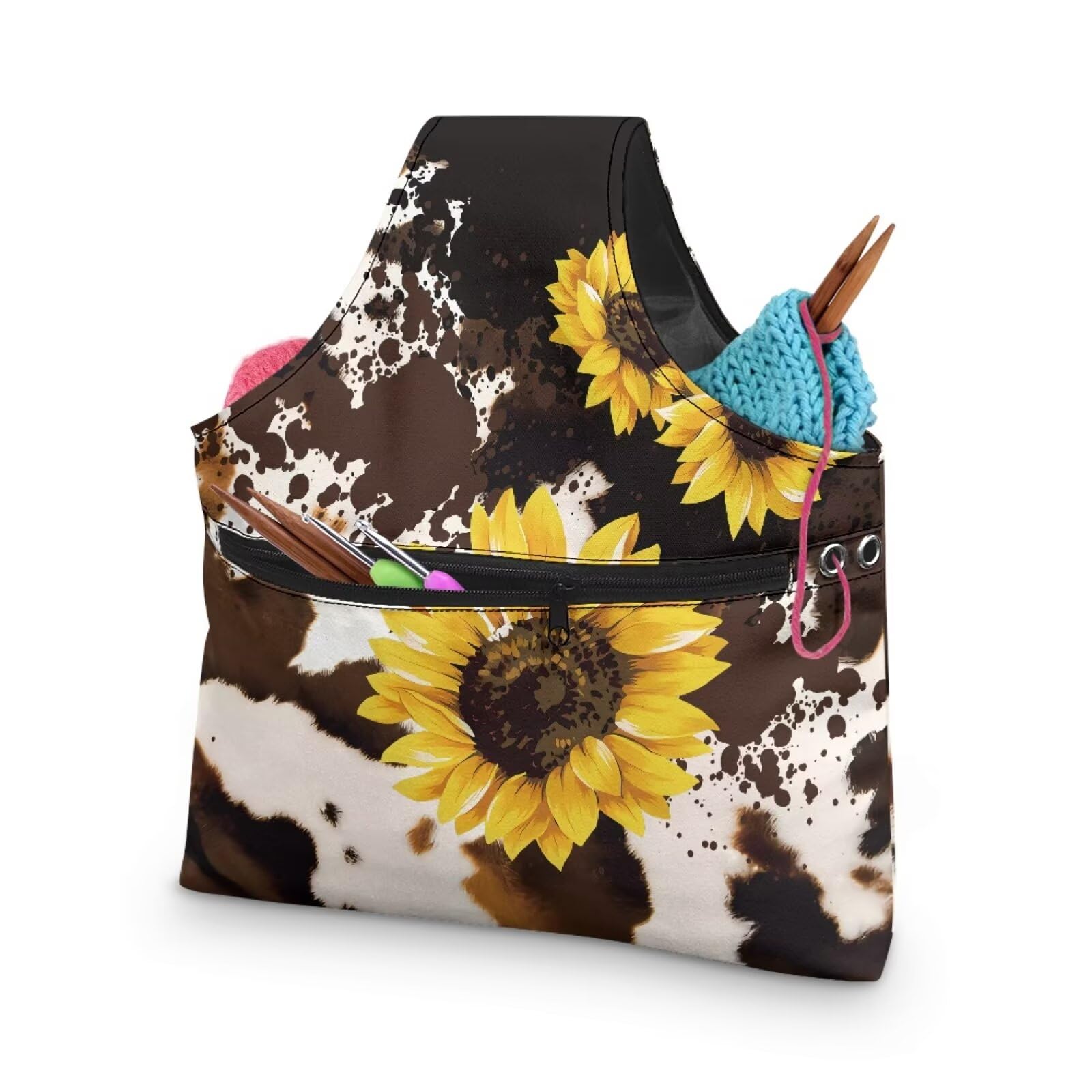 ASQVTIFE Cow Print Yarn Tote Bags for Crocheting Sunflower Knitting Hook Storage for Travel Needlework Tool Bag Handbag Store Skein Ball Small Yarn Bags for Crocheting On The Go