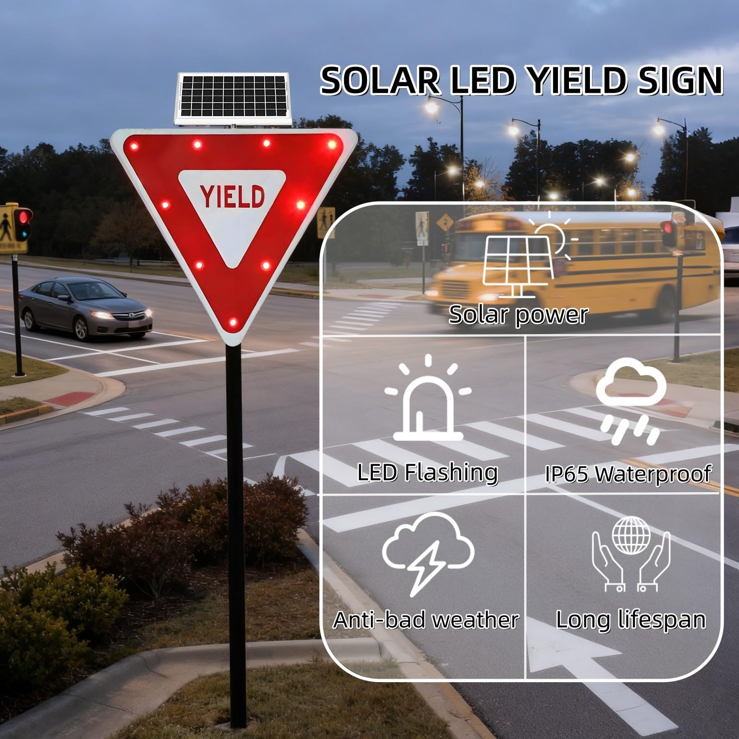 Señal de Ceda el Paso 76 cm - Señal de Tráfico Triángulo Invertido LED, Energía Solar, Superficie Roja Reflectante para Fábricas, Estacionamientos y Cruces Peatonales