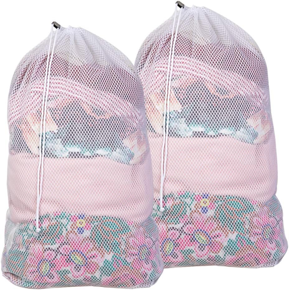 Commercial Large Mesh Laundry Bag (2 Mesh Available), Wanapure 2 Pack Heavy Duty Drawstring Bag with Cord lock and White Sturdy Thicker Mesh Material for Factories, College, Dorm, Storage (24''x 36'')