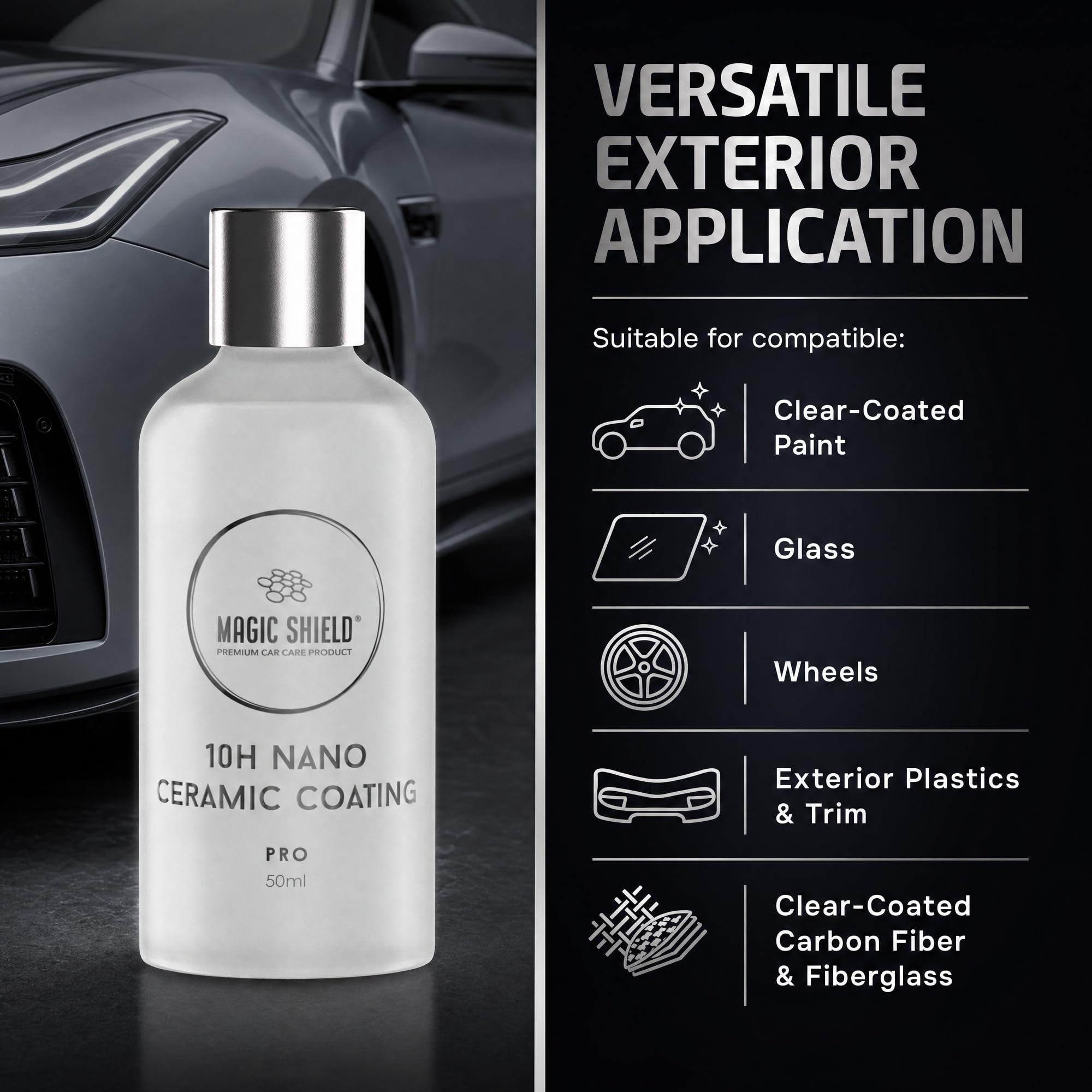 Magic Shield Revestimiento cerámico PRO 10H - Autocuración | Larga duración para más de 2 coches | Protección avanzada de SiO2 | Fácil aplicación | Brillo similar al caramelo | Perfecto para coches,