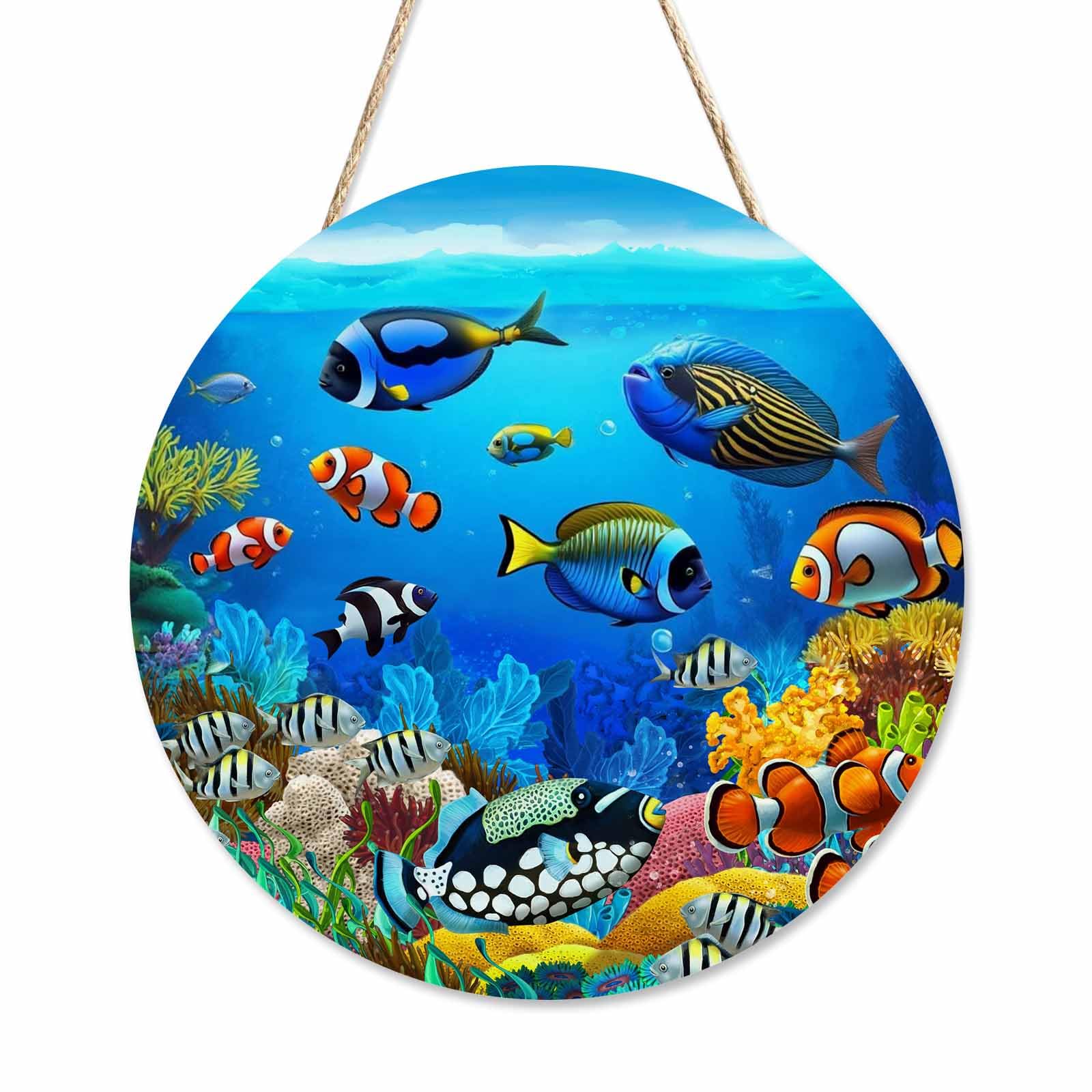 Beabes Rustic Round Sign Front Door Wreaths Fish in the Summer Ocean 12in Wooden Hanging Sign for Bedroom Living Room Outdoor Home Decor