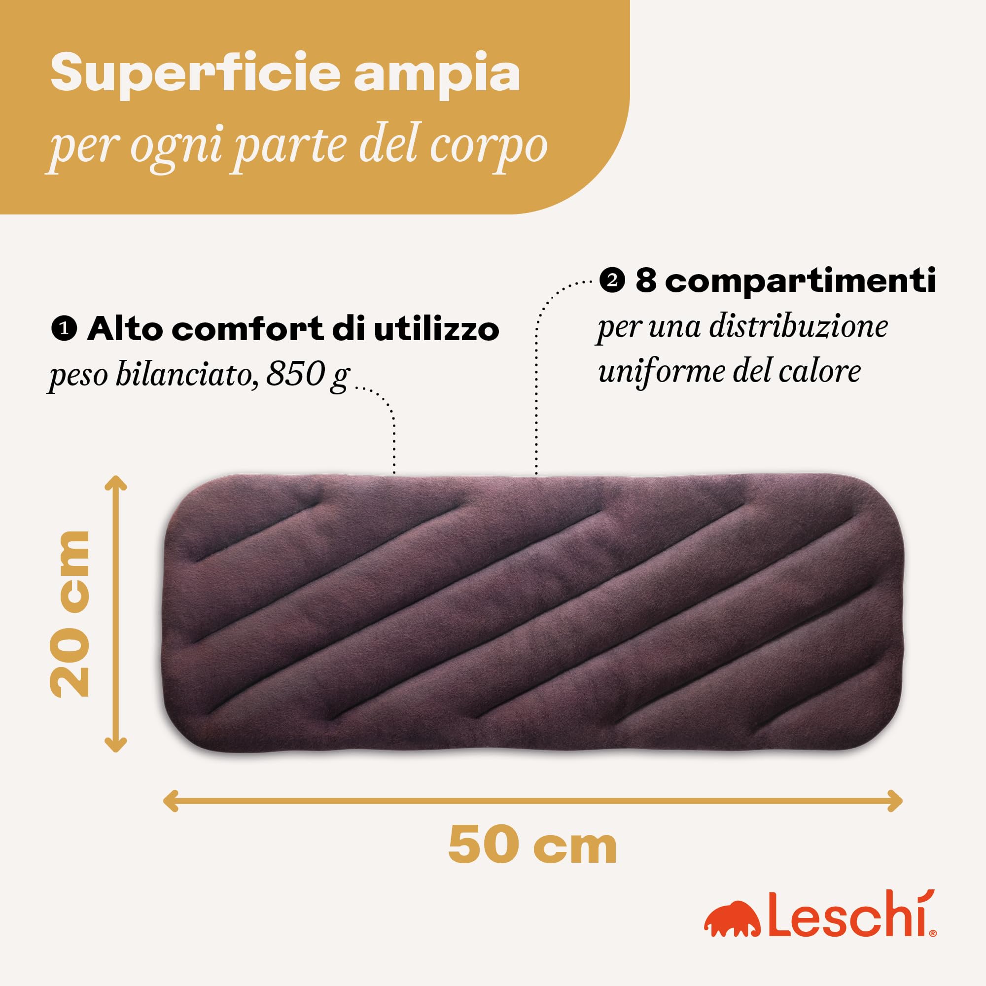 LESCHI XXL Cuscino termico per microonde (50x20cm), 100% cotone e grano biologico, cuscino riscaldante a 8 camere, viola, ideale come fonte di calore per cervicale, spalla, schiena, collo