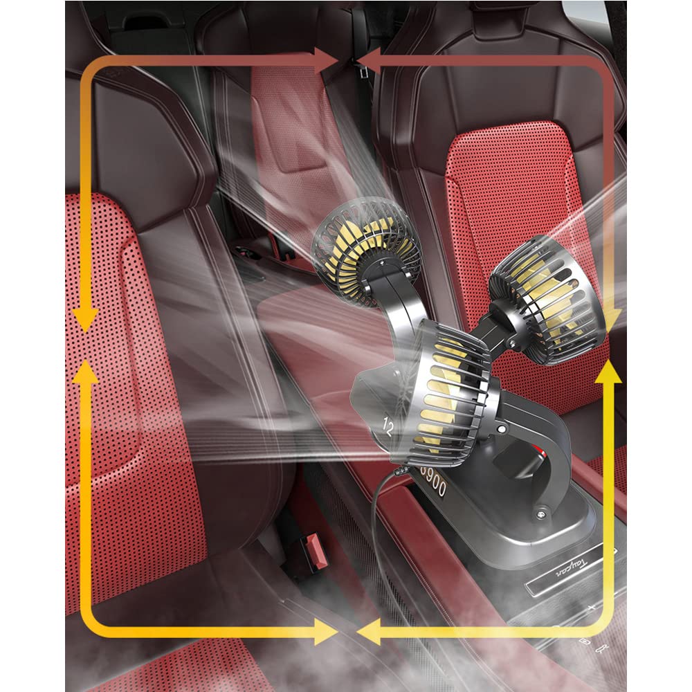 Circulateur d'air de refroidissement électrique à trois têtes Ventilateur automatique rotatif à 360° Ventilateur de refroidissement de voiture portable pour berline/SUV/RV/Bateau/Camion