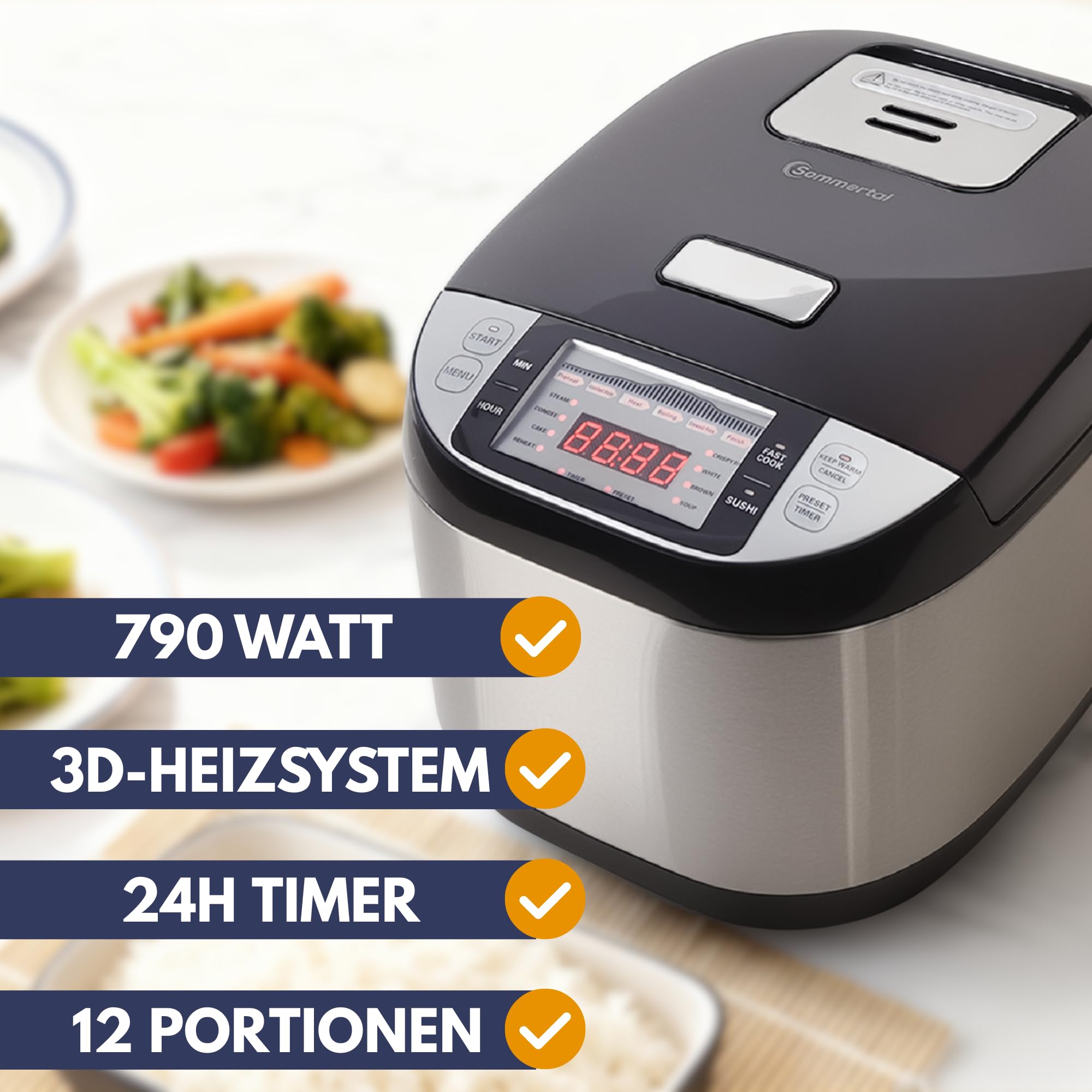Sommertal Reiskocher 5 Liter XXL für 1 bis 15 Personen | 790W | Multikocher mit Touch, 3D Heizsystem, Warmhaltefunktion, abnehmbarem 105 cm Kabel | Dampfgarer mit Dämpfeinsatz & Zubehör | RK50