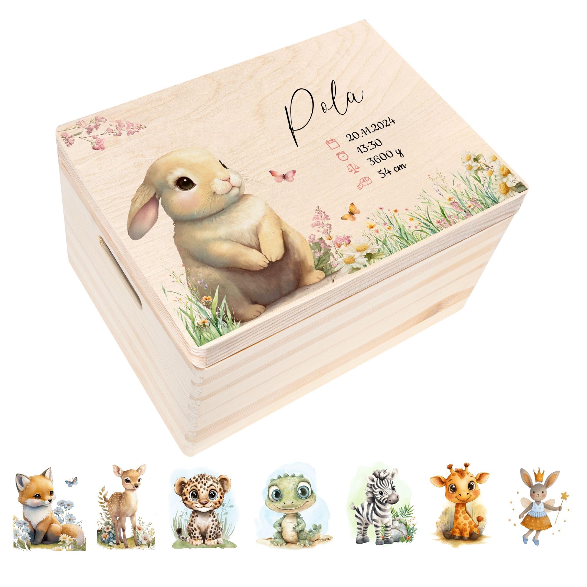 Kreative Deco Boîte à Souvenirs Bébé Personnalisé Animaux de la Forêt 40x30x24 cm Cadeau Naissance Bois