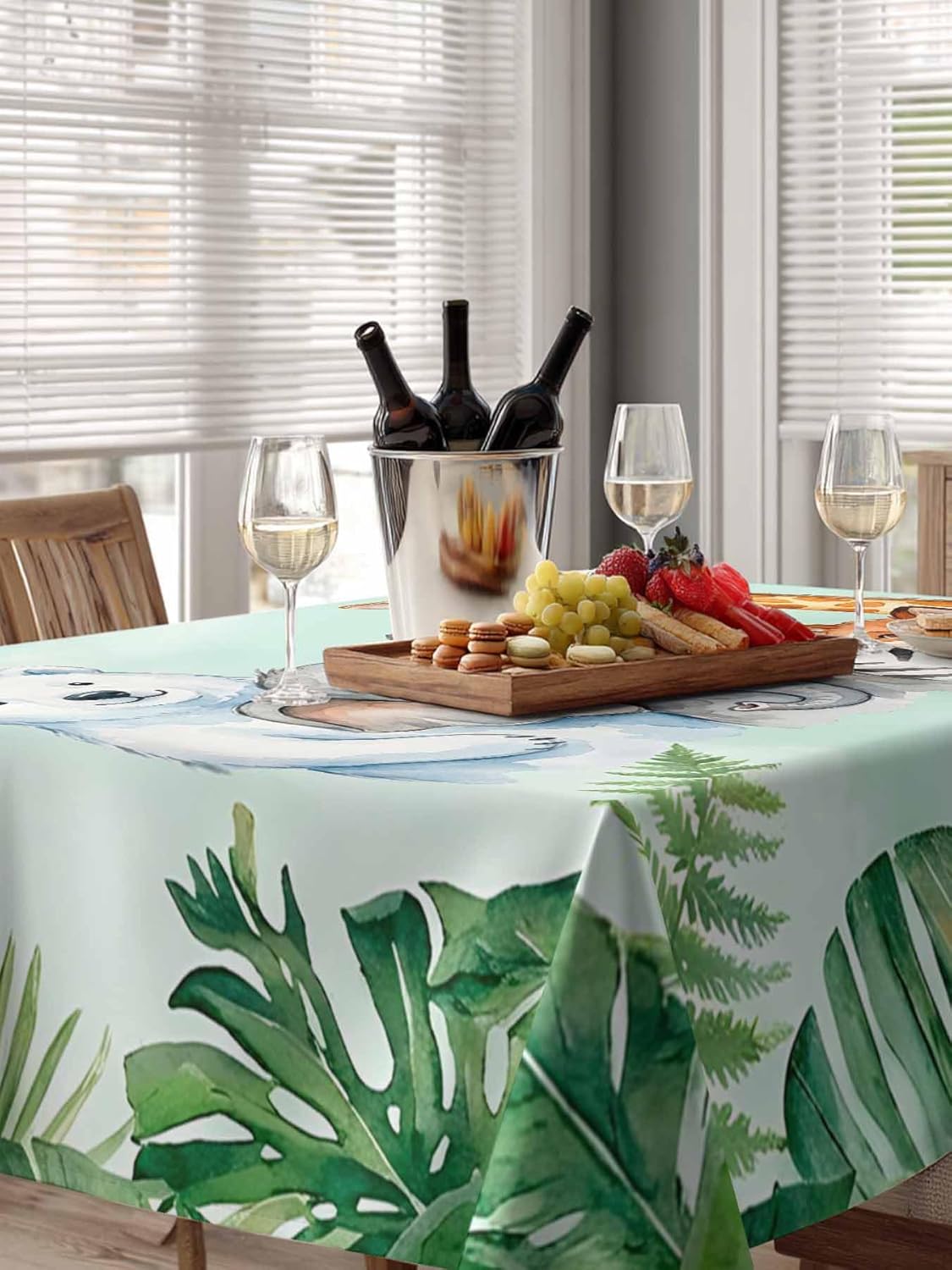Children's Day Waterproof Table Cloth Cartoon Animal Elephants Bear Zebras Fox Giraffe Leaf Waterproof & Wrinkle Table Cover, Washable Polyester Soft Fabric Table Cloth for Outdoor Indoor Parties