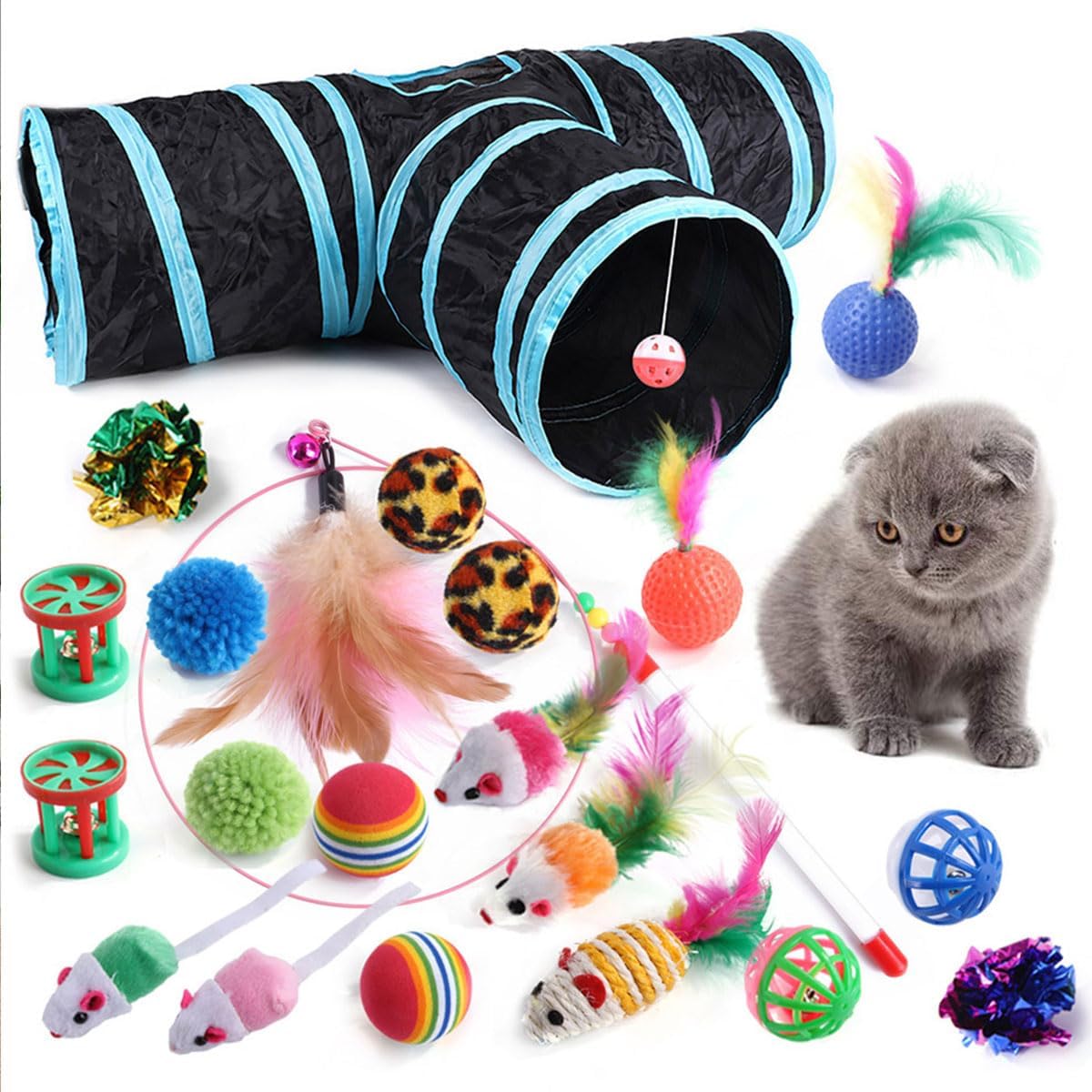 ECVV Cat Toys Set 21 pcs, Cat Interactive Toys for All Cats, Kitten Collapsible 3 Way Play Tunnel Tube Teaser Wand Bell Ball Mouse Fish for Kitty Puppy