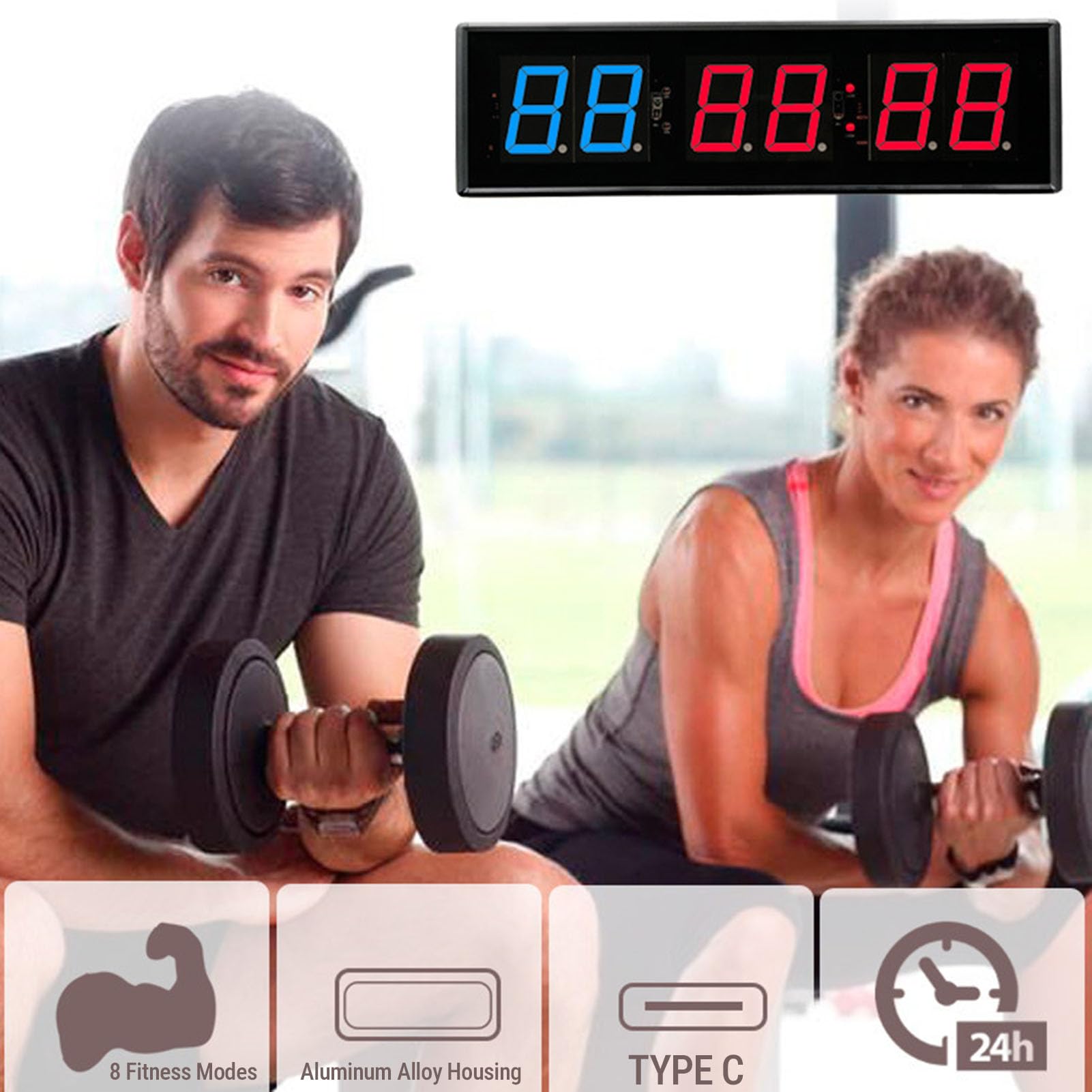 AMONIDA Minuterie de Salle de Sport, Horloge à Intervalles LED avec Télécommande, Programmes Prédéfinis Personnalisés Tabata FGB, Compte à Rebours 12/24 Heures, Chronomètre, Table Murale en Alliage