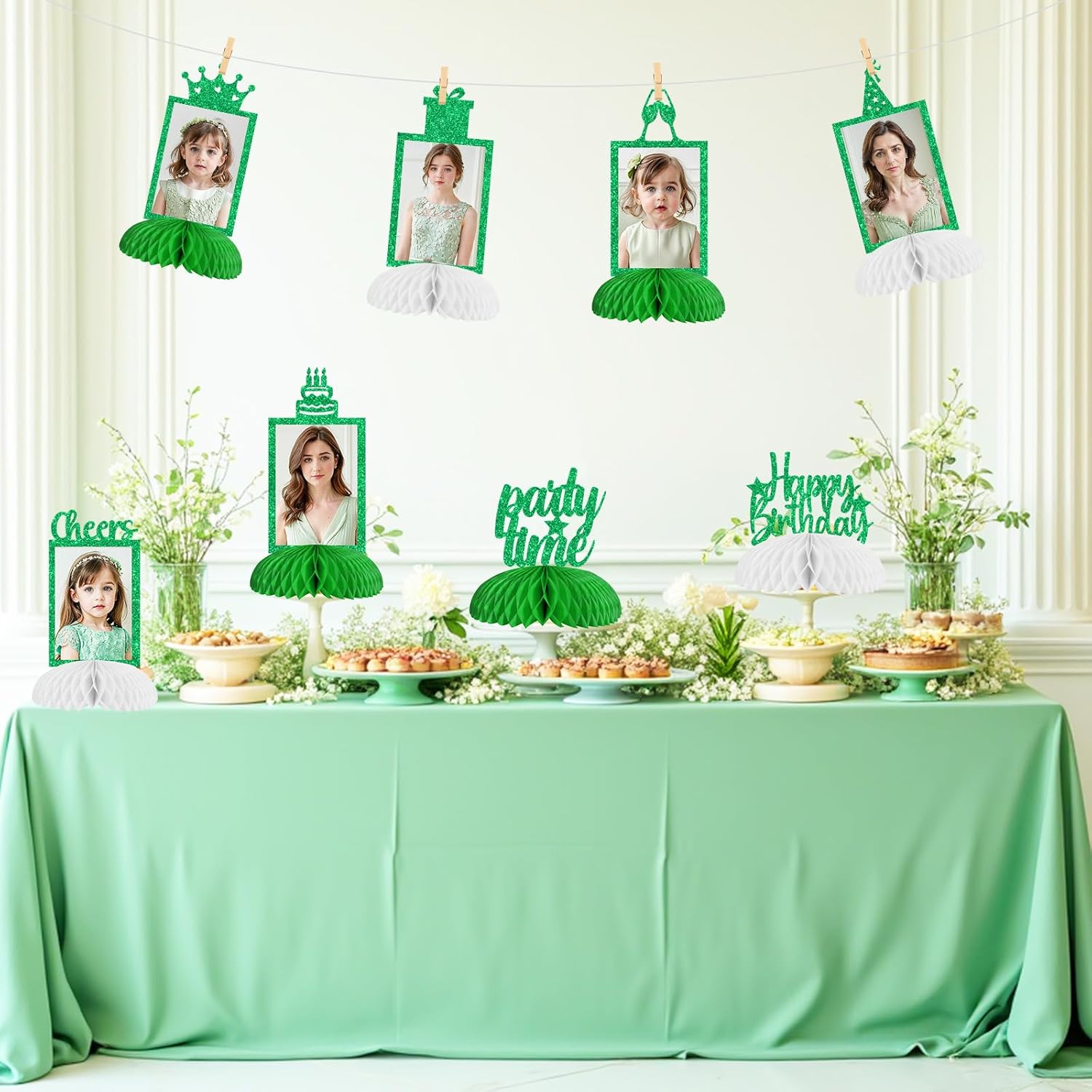 Cheereveal 8 Pieces Happy Birthday Honeycomb Centerpieces, Green Glitter Photo Table Topper, Cheer to 1st 2nd 3rd 16th 21st 30th 40th 50th Bday Anniversary Party Decorations Supplies
