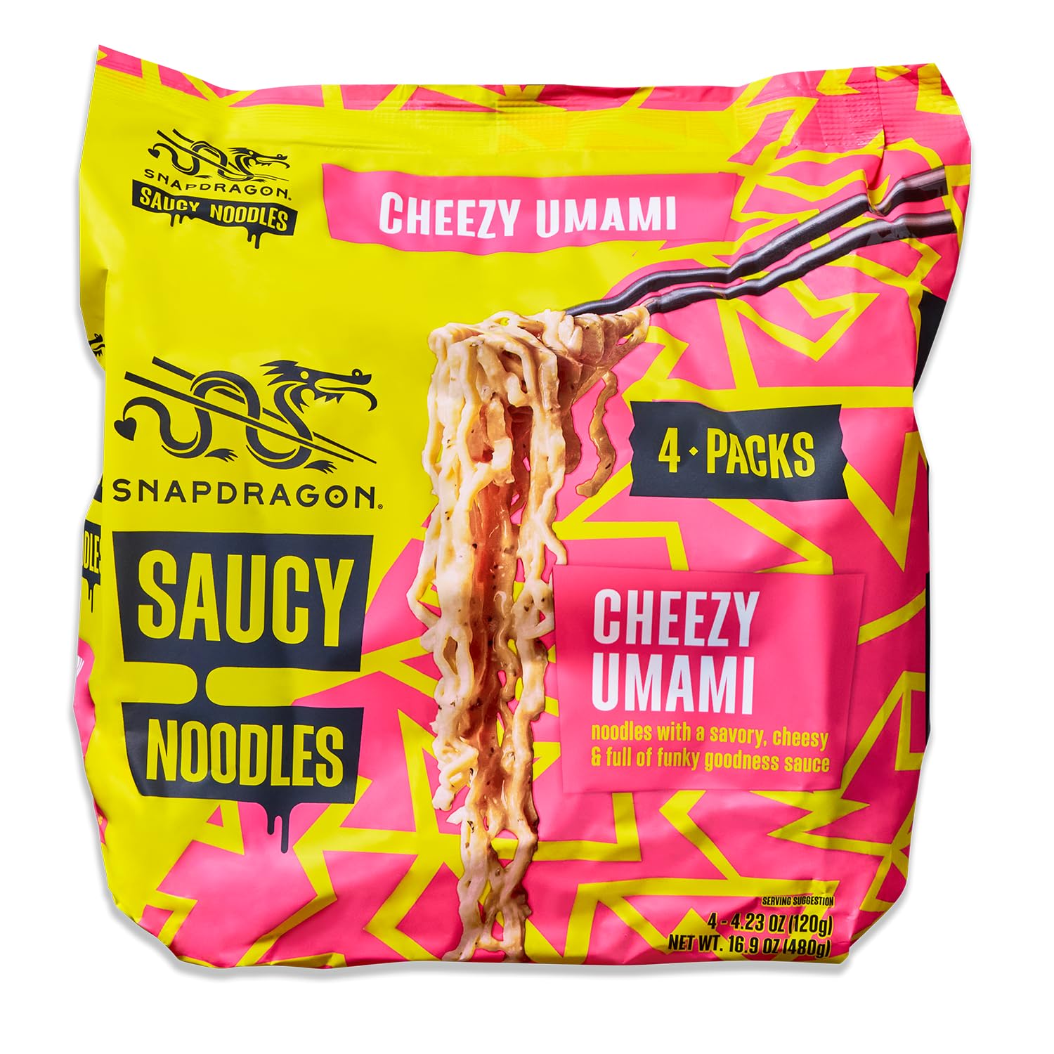Snapdragon Saucy Instant Noodles with Cheezy Umami, Savory Slurpable Sauce - Quick Meal, Snack, and Lunch. 4-Pack Microwave Noodles for Cup, Bowl, Cheddar Cheese Ramen or Asian Stir Fry