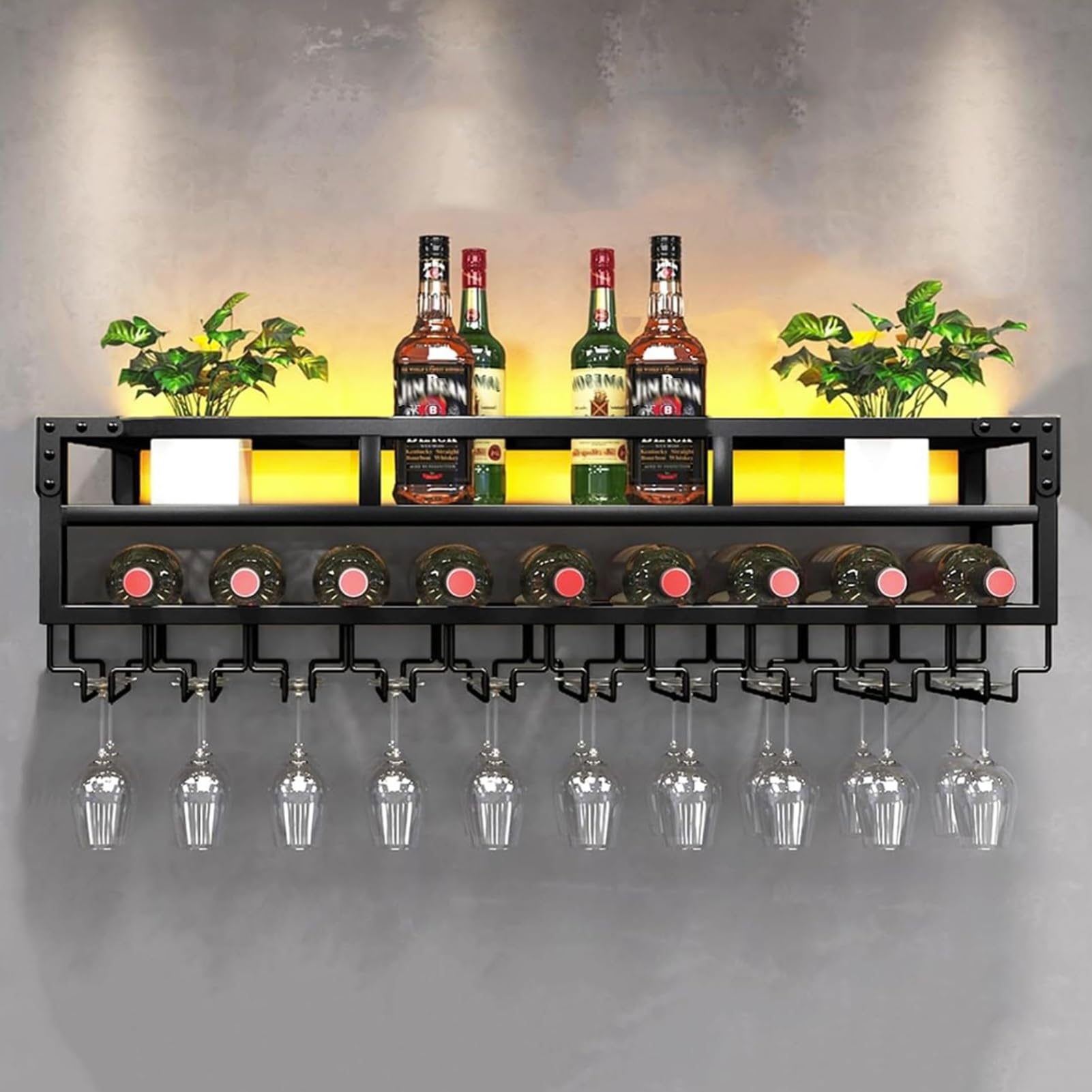 Étagère à vin murale 100cm | Rangement bouteilles et verres bar industriel noir