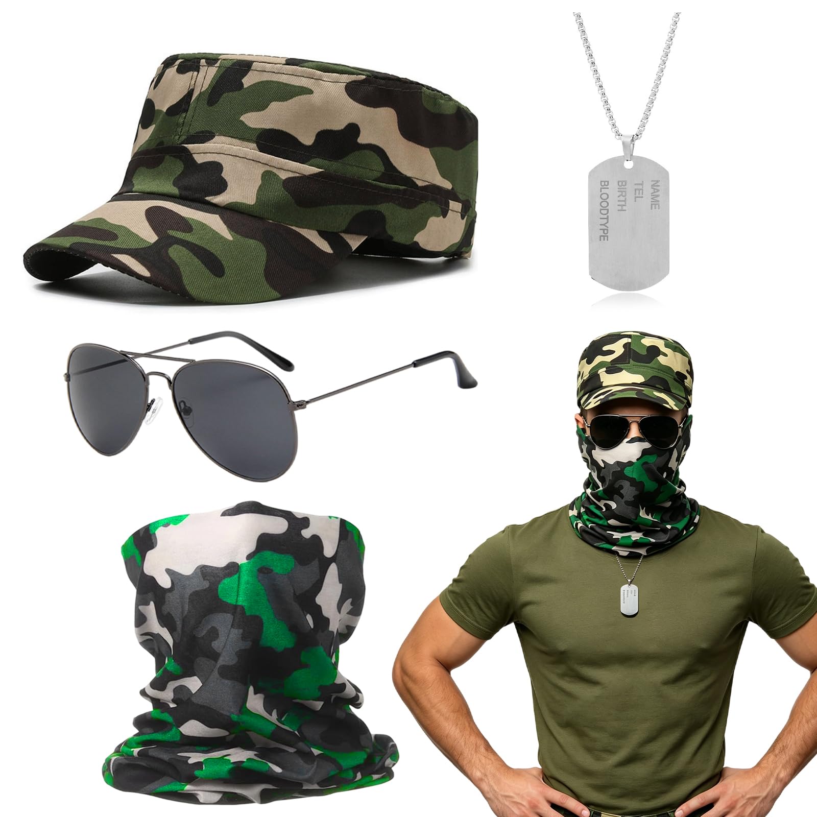 GXAHSOL 4 Piece Army Costume Accessories, Army Camouflage Fancy Dress Set for Adults, Military Soldier Costume with Green Camo Hat, Neck Warmer, Aviator Sunglasses, Dog Tag, Party Halloween Role Play
