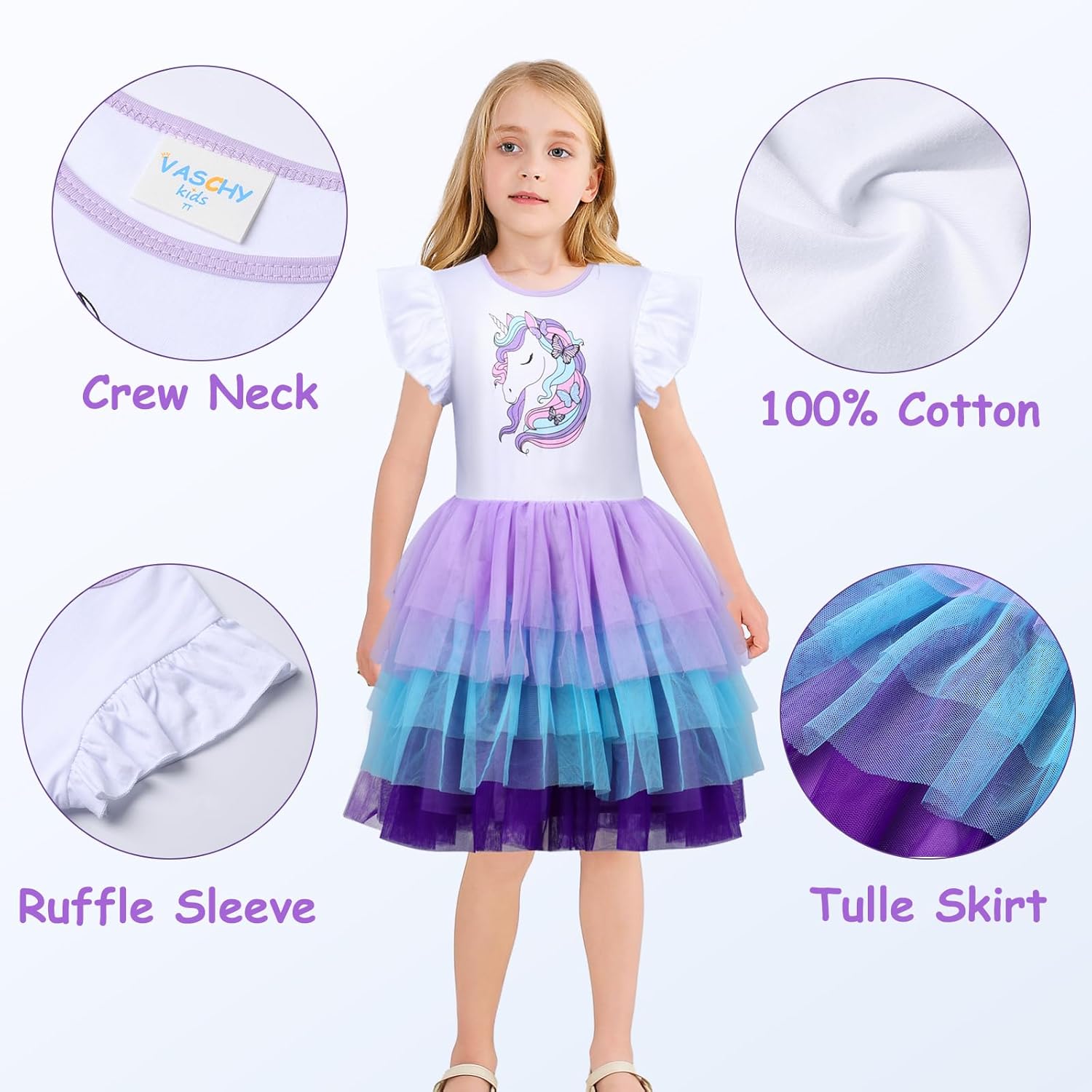 VASCHY Summer Tulle Dress Cotton Ruffle Sleeve Tutu Princess Dress Birthday Outfit Clothes for Toddler/Little/Big Kid Girls - Image 5