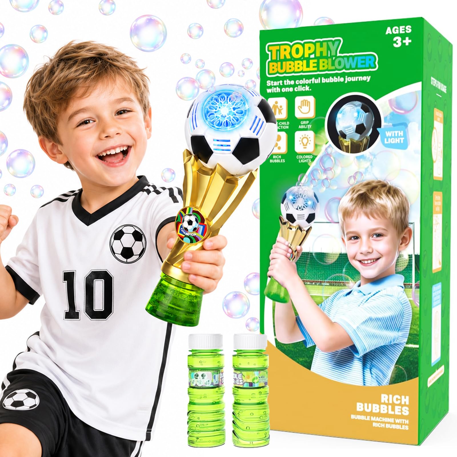Football Bubble Machine for Kids Toddlers, Automatic Bubble Blower with Lights, Anti-Leak Bubble Maker with 2x115ml Solution, Outdoor Indoor Garden Party Toys Gifts for Boys Girls Age 3-8