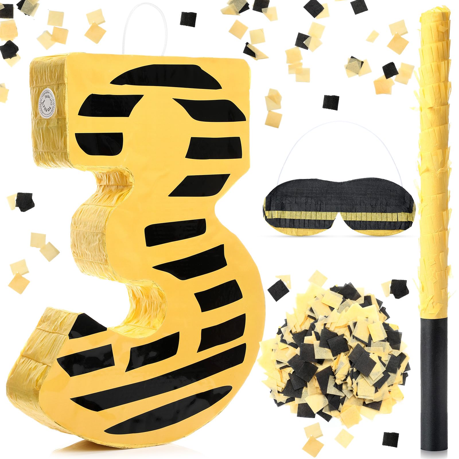 Foilswirl Construction Number Piñata with Batting Stick Eye Mask Yellow and Black Striped Piñata for Construction Birthday Anniversary Party Decoration Supplies 16 x 11 x 2.8 Inches (Number 3)