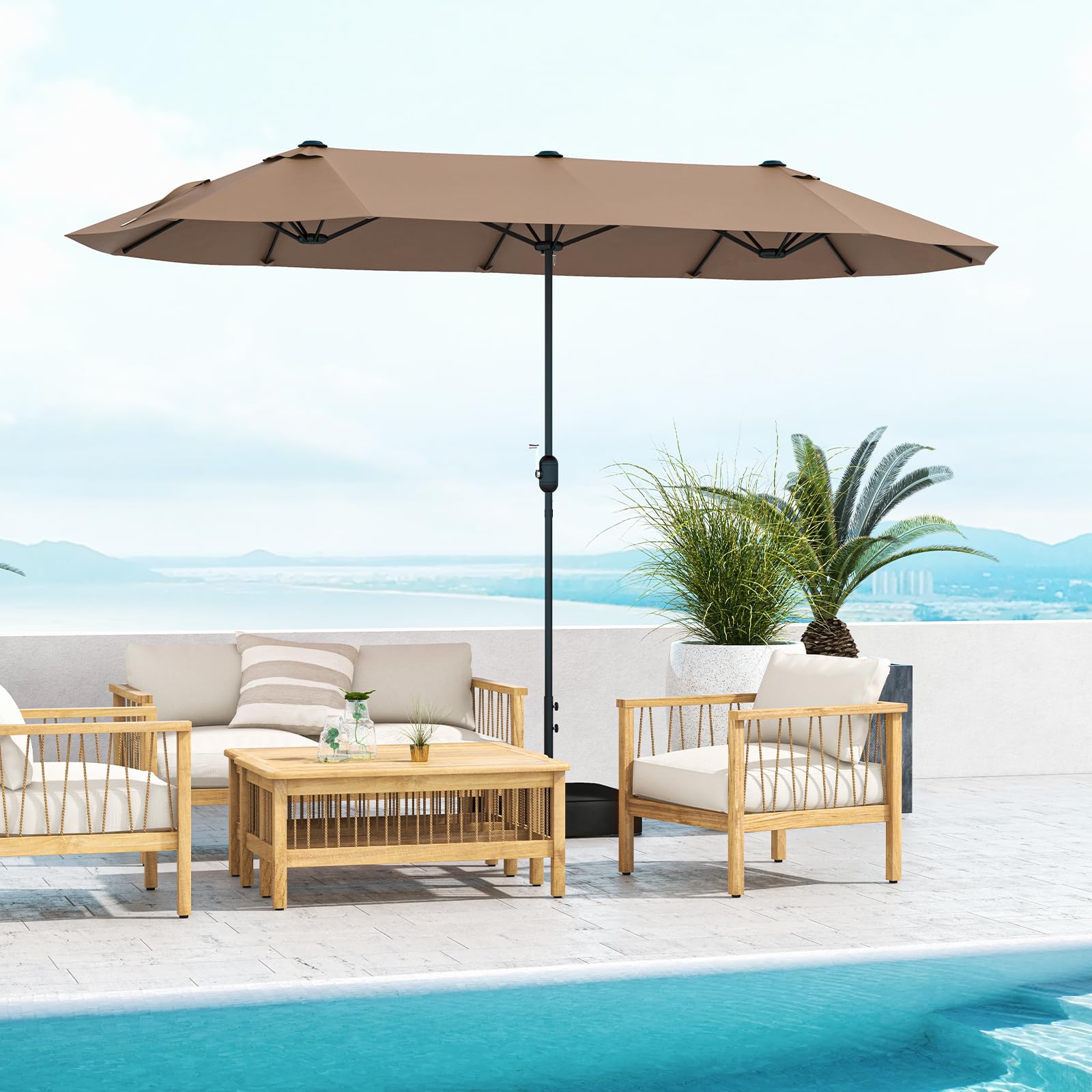 Giantex 13ft Large Patio Umbrella with Base, Double-Sided Outdoor Umbrella with Crank Handle, Umbrella Base Stand with 2 Sandbags, 12 Metal Ribs, Market Umbrellas for Garden Poolside Deck (Tan)