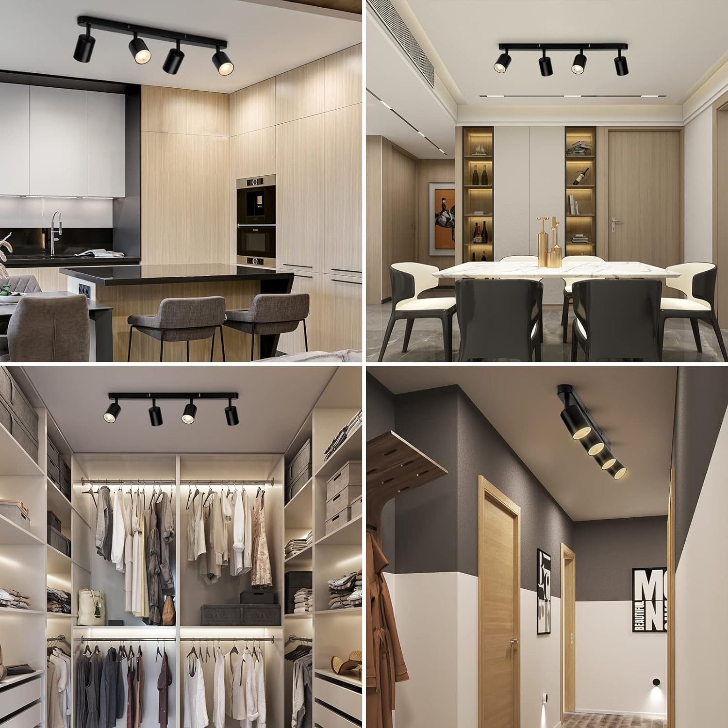 Wowatt Lampada Faretti da soffitto Orientabili, Attacco per 4 lampadine GU10 non Incluse, Moderna Plafoniera LED Nero Lampada da Soffitto Faretti da Parete Interno per Salotto Camera da Letto o Cucina | Lampadario Faretti Orientabili Interno, Binario Lamp