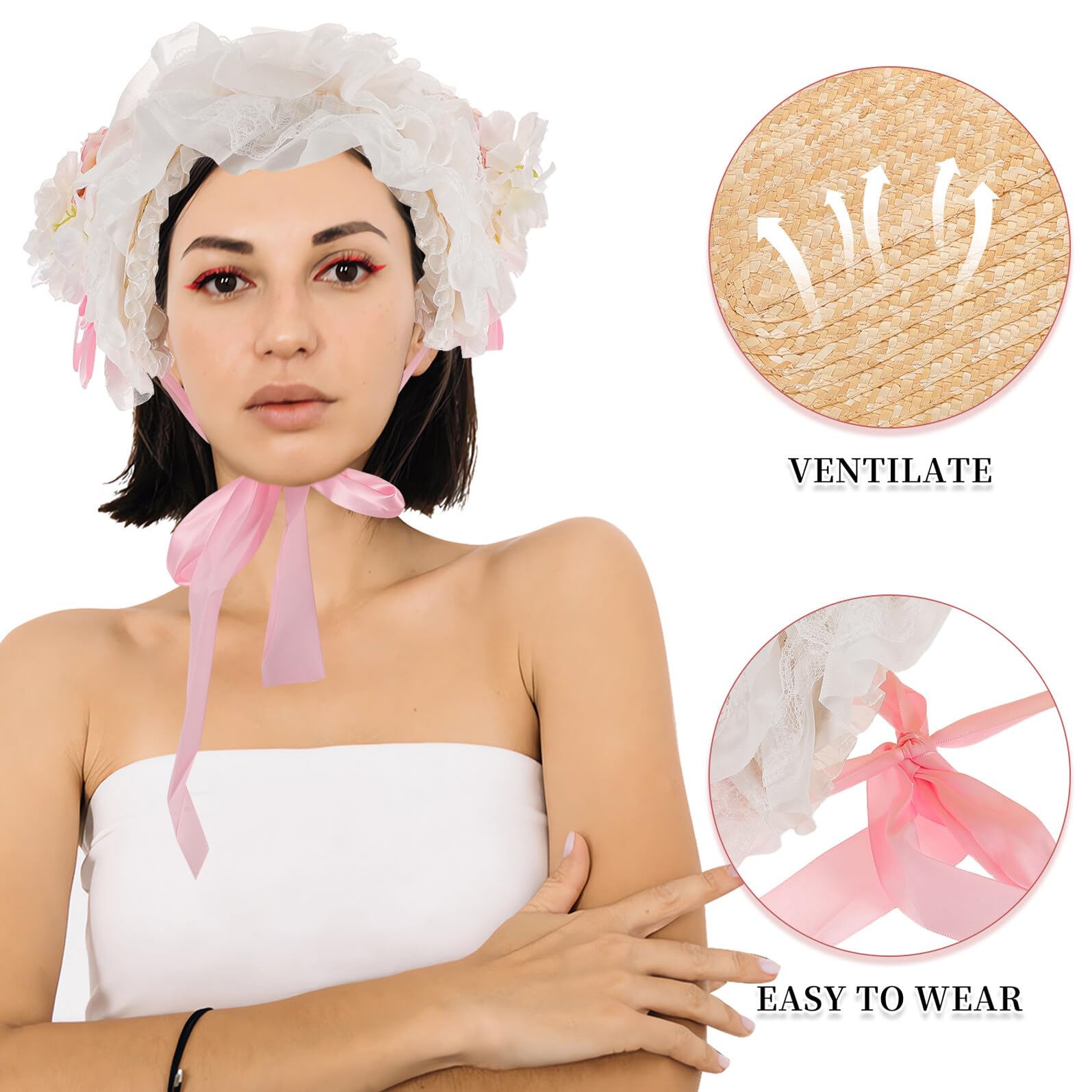 Abaodam Sombrero De Protección para La Playa Sombrero De Paja para Niñas Gorro De Paja con Encaje Victoriano para Jardín Gorra De Playa para El