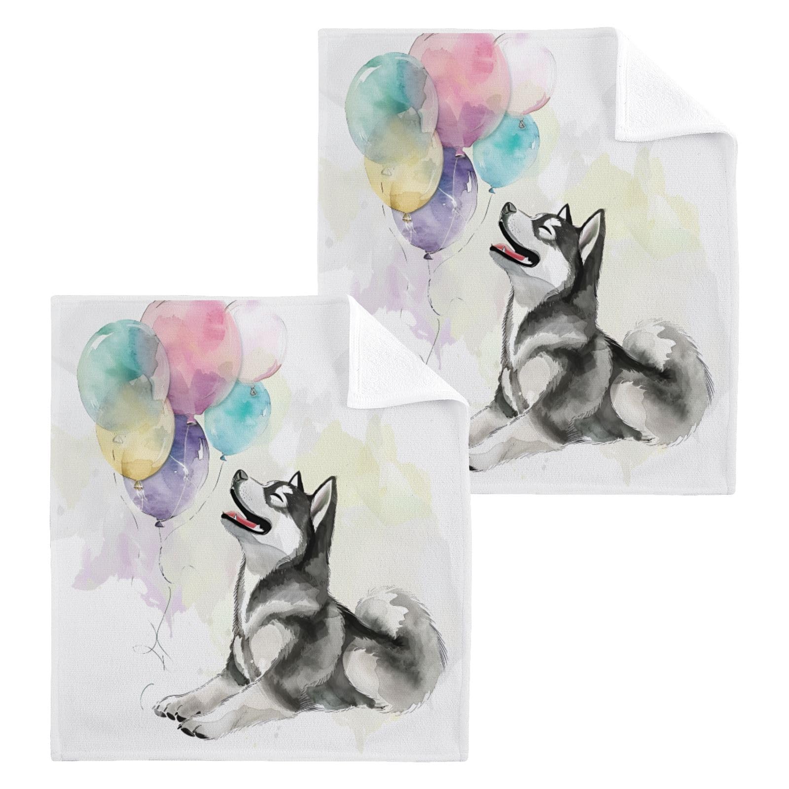 ALAZA Wash Cloth Set 100% Cotton Fingertip Towels Face Cloths Sets Husky Balloons Highly Absorbent Soft Feel Set of 2