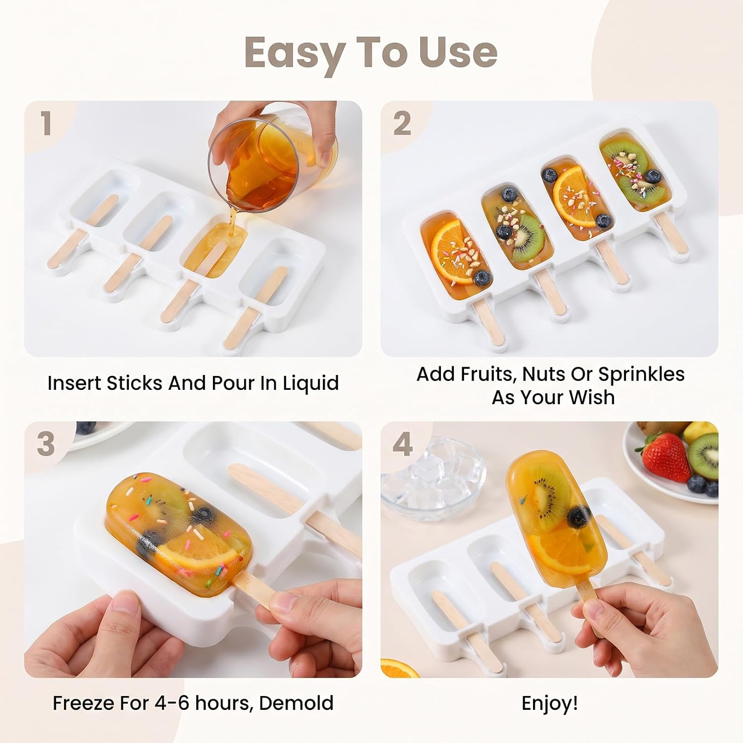 6 Set Small Silicone Popsicle Molds Ice Cream Mould 4 Cavity Ice Lolly Mold