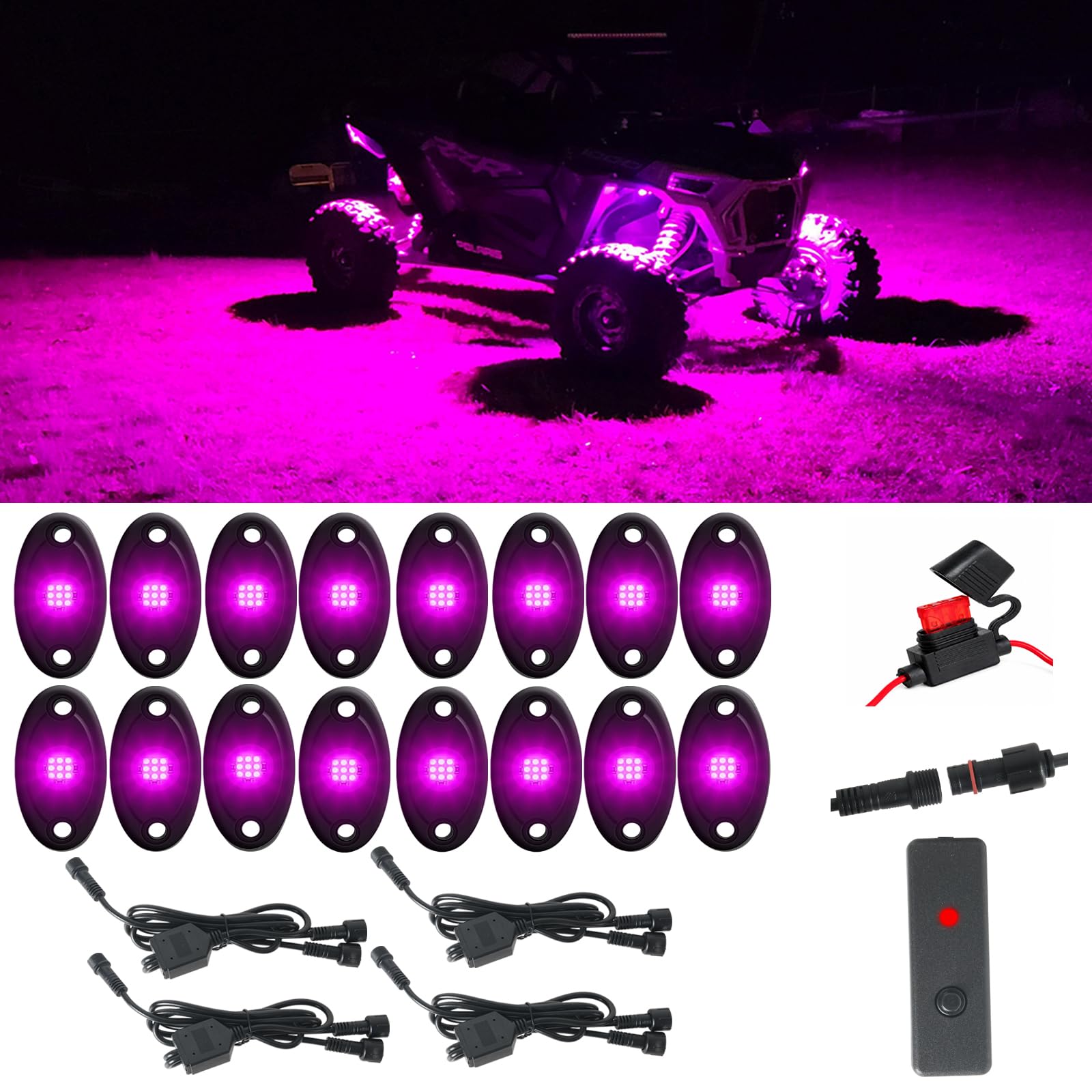 16pods Purple Pink Rock Lights Dc 12v with Switch Kit for Trucks Utv ATV IP68 Waterproof