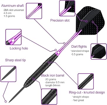 Professional Steel Tip Darts Set – 3 Pack (22g, 23g, 24g, 26g, 27g,) with Brass Barrels, Darts Stems, Flights, 50 Rubber O-Rings, 12 Spring Rings & Dart Sharpener for Dartboard