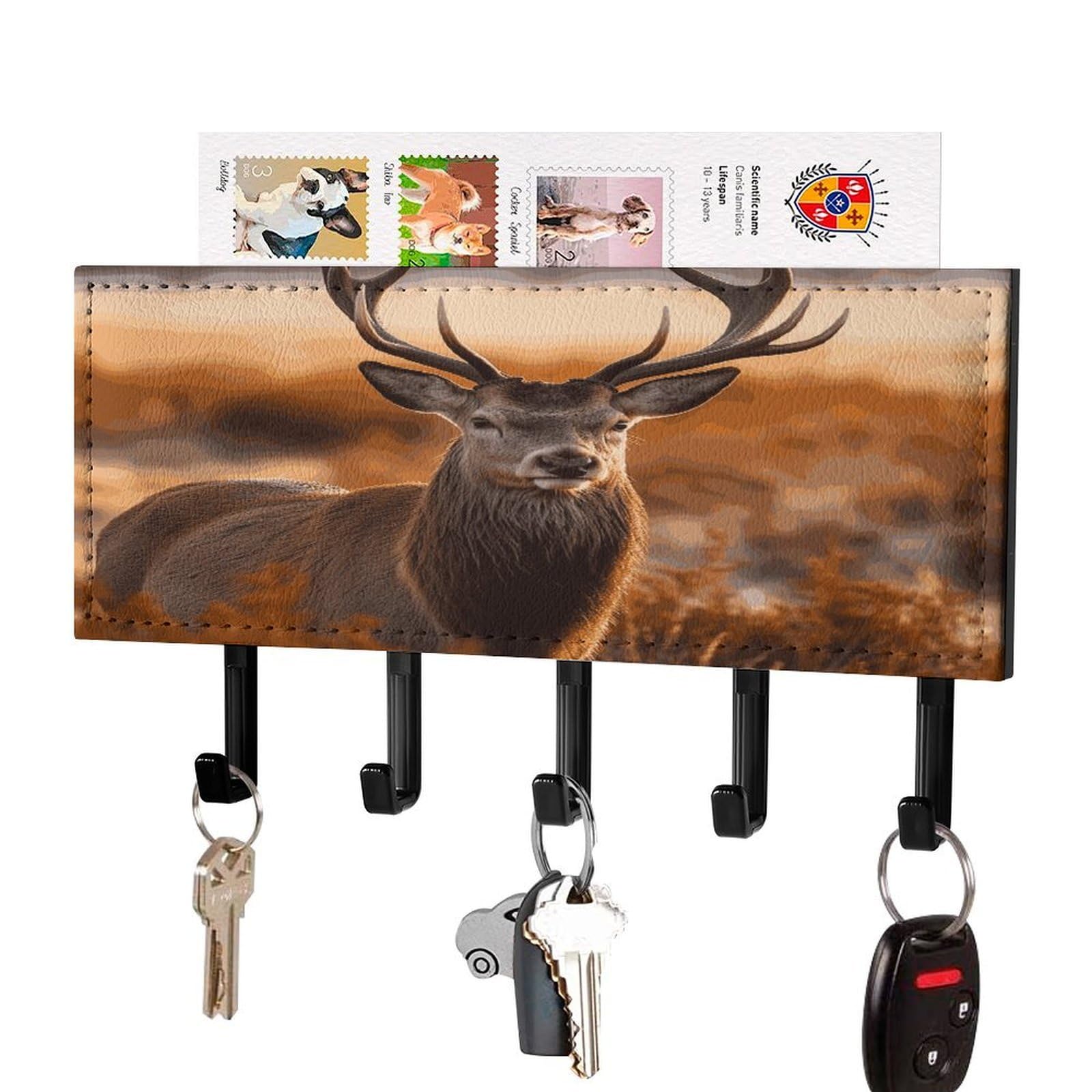 MUSM Antler Red Deer Key Holder for Wall,Mail Organizer Wall Mount with 5 Hooks,Easy Installation Key Rack for Home Decor, Hallway, Entryway, Appartment