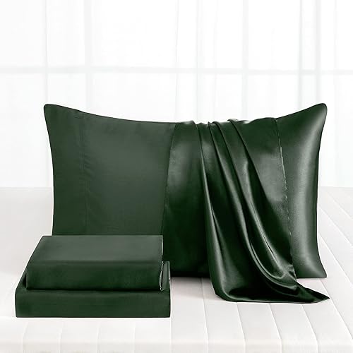 Miniatura 2 de RUDONG M Juego de sábanas de satén de 4 piezas de color verde bosque, tamaño matrimonial, sábana de satén sedosa con 1 sábana bajera de bolsillo