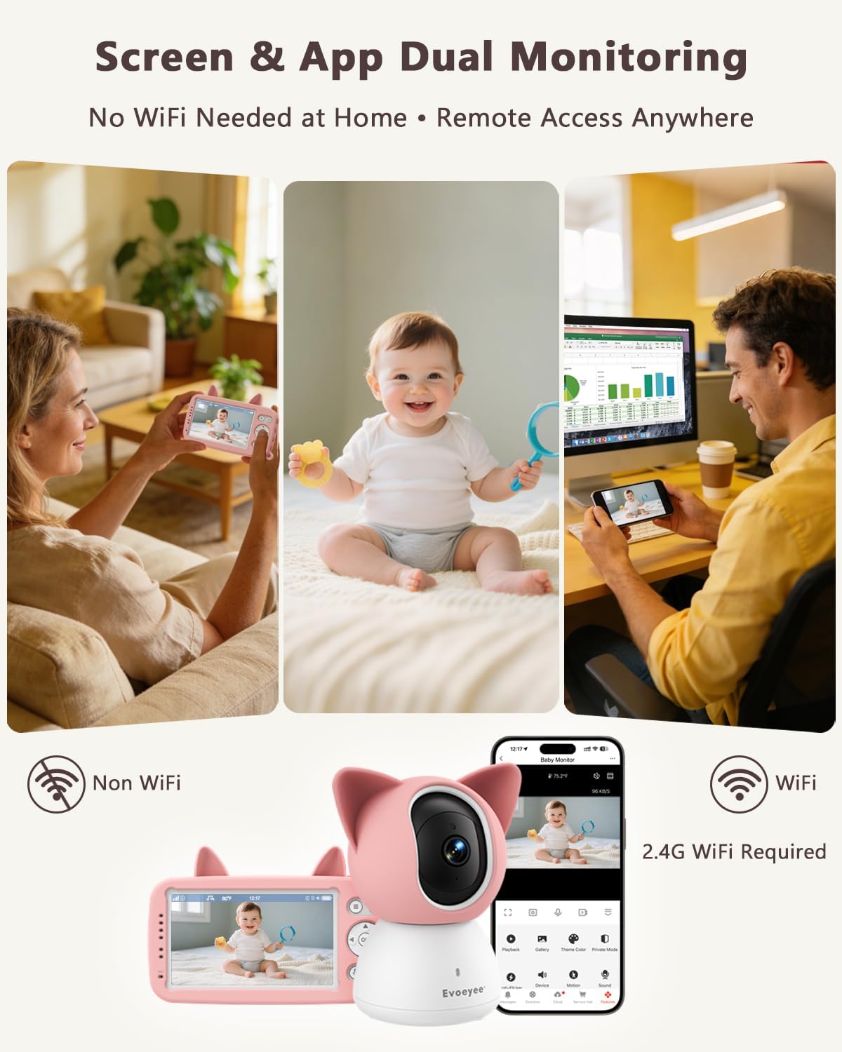 Dual-Mode Baby Monitor with Camera & Audio, Non-WiFi & WiFi with APP, Cute Cat-Inspired Cover, 5" HD Display, 1080P FHD Camera,Cry & Motion Detection, 2-Way Talk, Night Vision, Video Recording