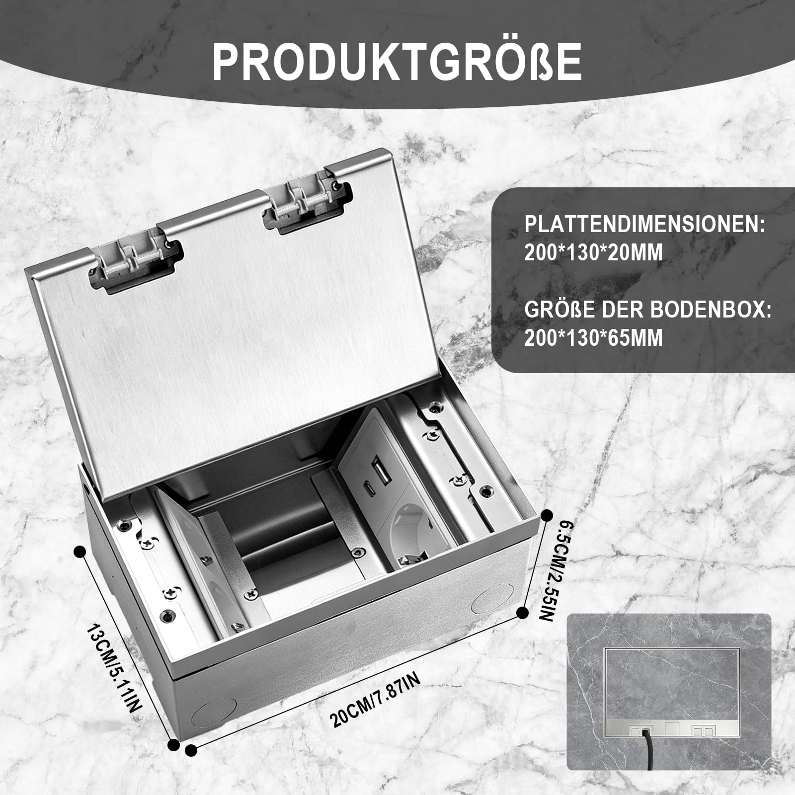 Versenkbare Bodensteckdose mit 3 EU Steckdosen und USB+Type C