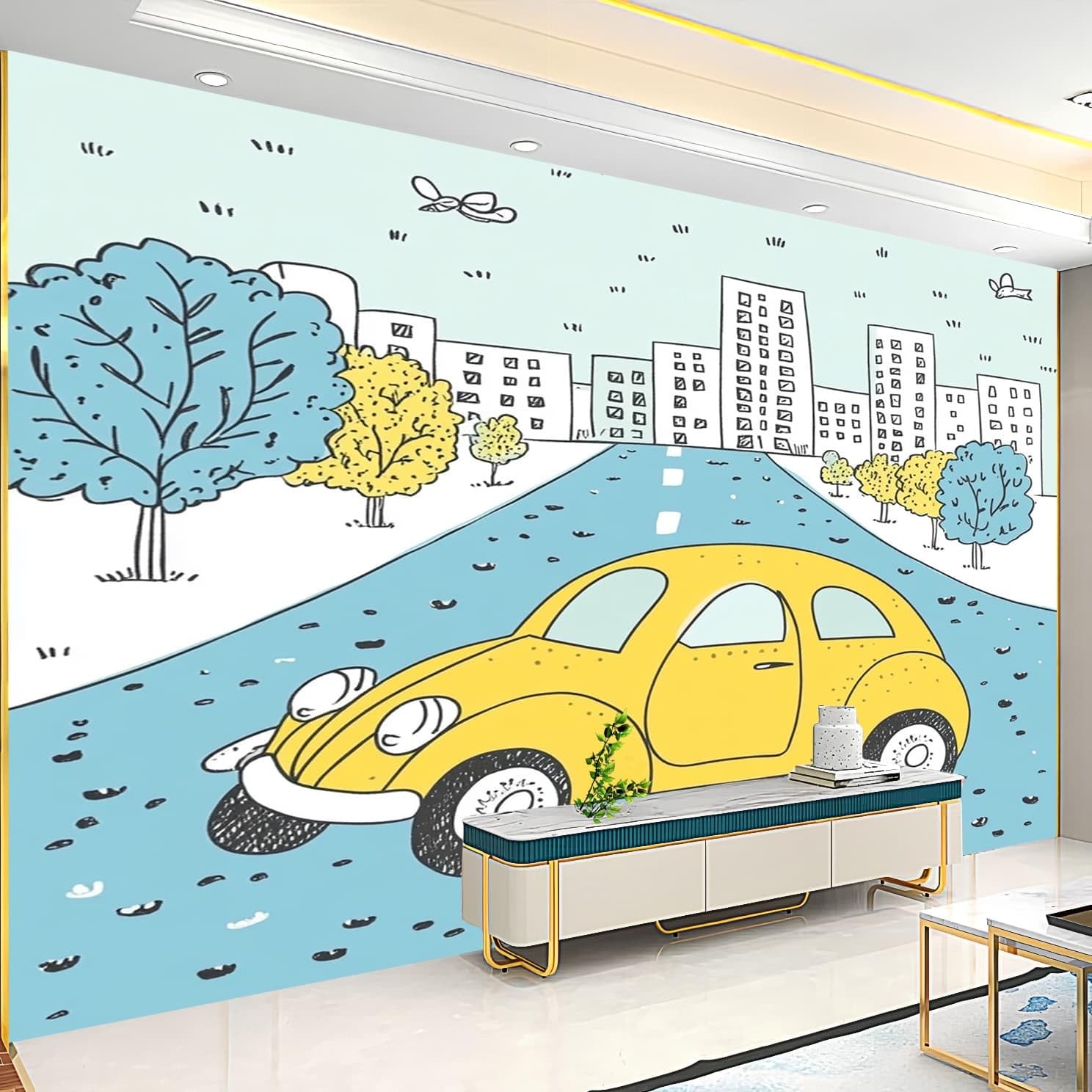 Mural 400 x 280 cm kreskówka samochód miejski włóknina modna fototapeta plakat jasny kolor tapeta dekoracja ścienna salon sypialnia nowoczesny design