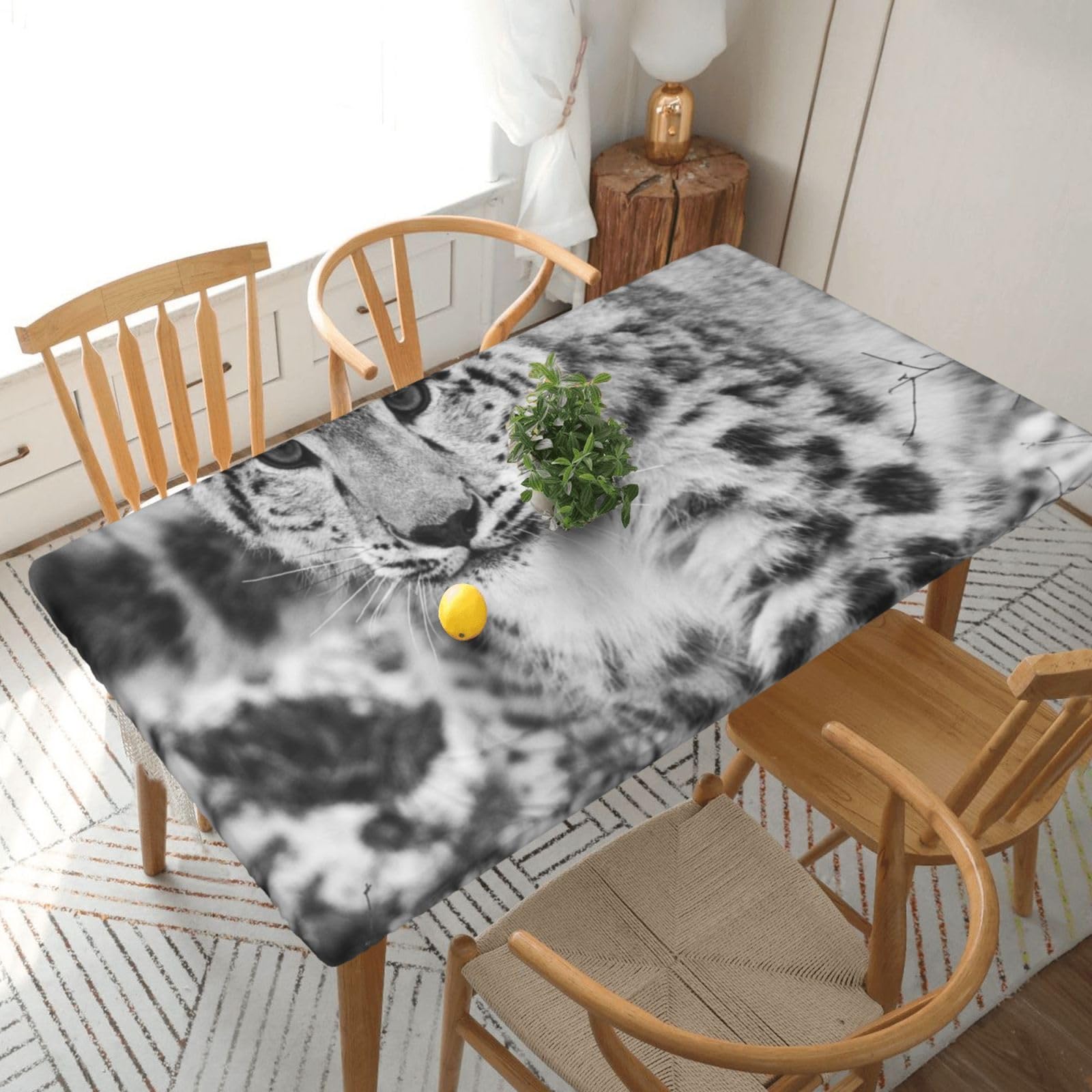 DCEHGEW Elastic Fitted Rectangle Tablecloth for 5ft Tables, Snow Leopard Printed Oilproof & Washable Fabric Picnic Table Cloth Table Covers