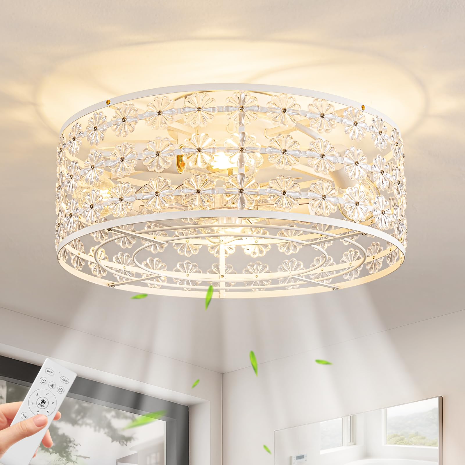 Photo 1 of White Caged Ceiling Fan with Light and Remote, Flower Crystal Accents