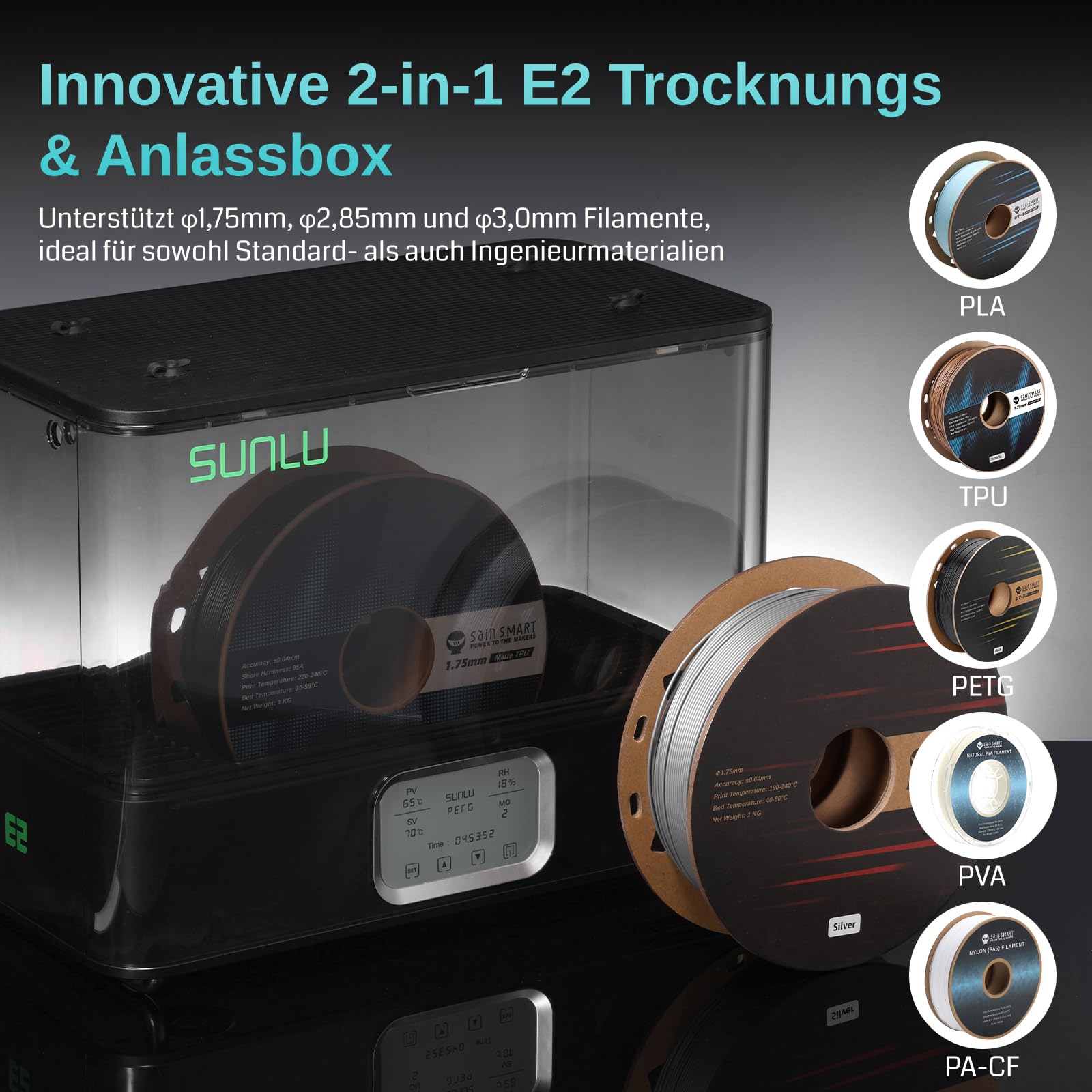 SainSmart SUNLU E2 Filamenttrockner Box, 110°C Max. Temperatur, 500W PTC-Heizung, 3-in-1 Trocknen + Tempern + Entfeuchten, Doppelkammer mit Dichtung, kompatibel mit PLA, ABS, PC, PA-CF, GF, FR-ABS