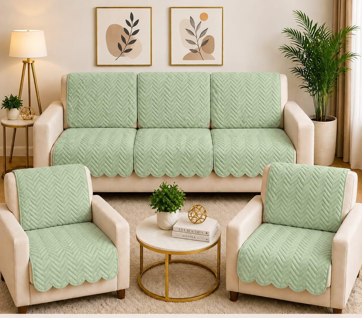 Quilted Sofa Cover Set 5 Seater for Living Room - 3 Seater & 1+1 Seater Sofa Slip Covers for Home - Premium Furniture Protector Panels for Sofa Couch Office, 10 Pieces (Light Green)-image-35