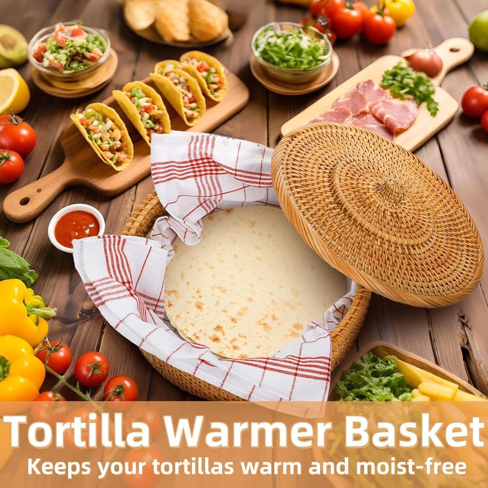 Cesta calentadora de tortilla de ratán natural, contenedor de almacenamiento hecho a mano de 10.2 pulgadas para tortillas de maíz, tacos y decoración de cocina