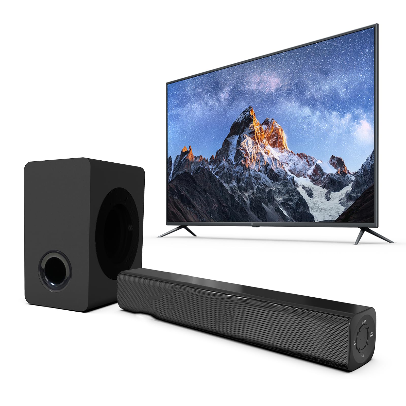 Sound Bar Speakers Bluetooth Wireless, TV Speakers Sound Bar Subwoofer, Home Theater Surround Sound Bar HDMI(ARC) Optical AUX USB 2.1ch Home Audio Sound System TV PC Wall Mount, Black