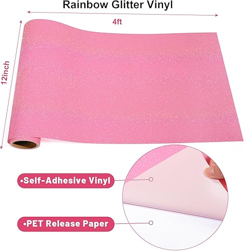 Miniatura 3 de GIRAFVINYL Vinilo rosa con purpurina arcoíris, vinilo permanente rosa para Cricut  12 pulgadas x 4 pies, fácil de desmalezar, vinilo autoadhesivo