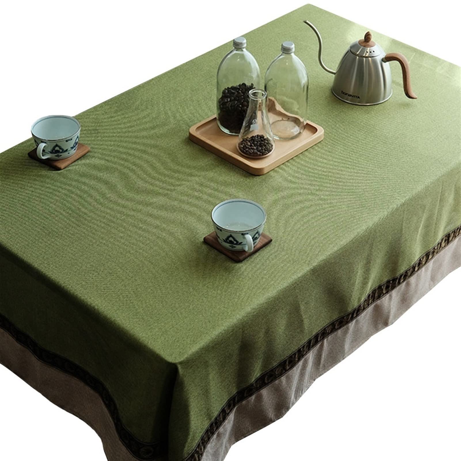 Nappe en lin bicolore vert 130x180 cm avec broderies vintage pour table rectangulaire